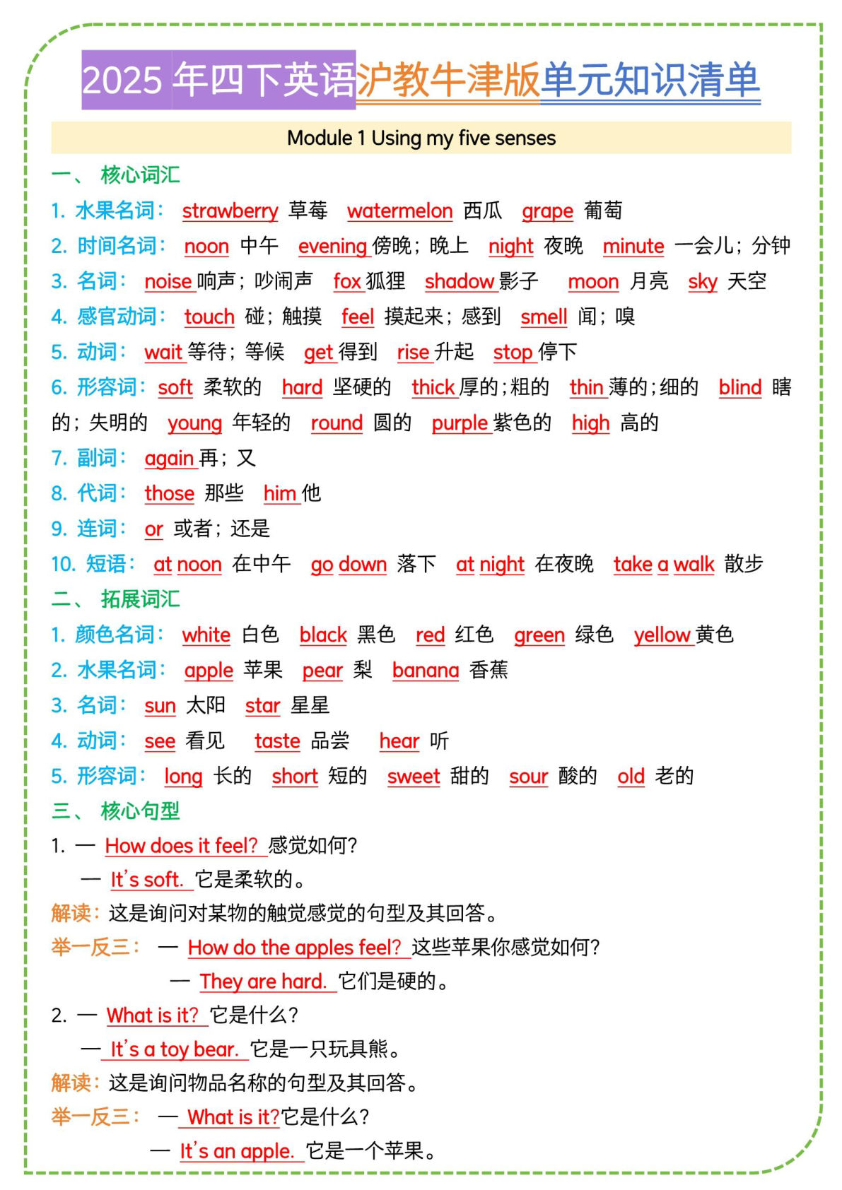 四年级下册沪教牛津版英语【单元知识清单】