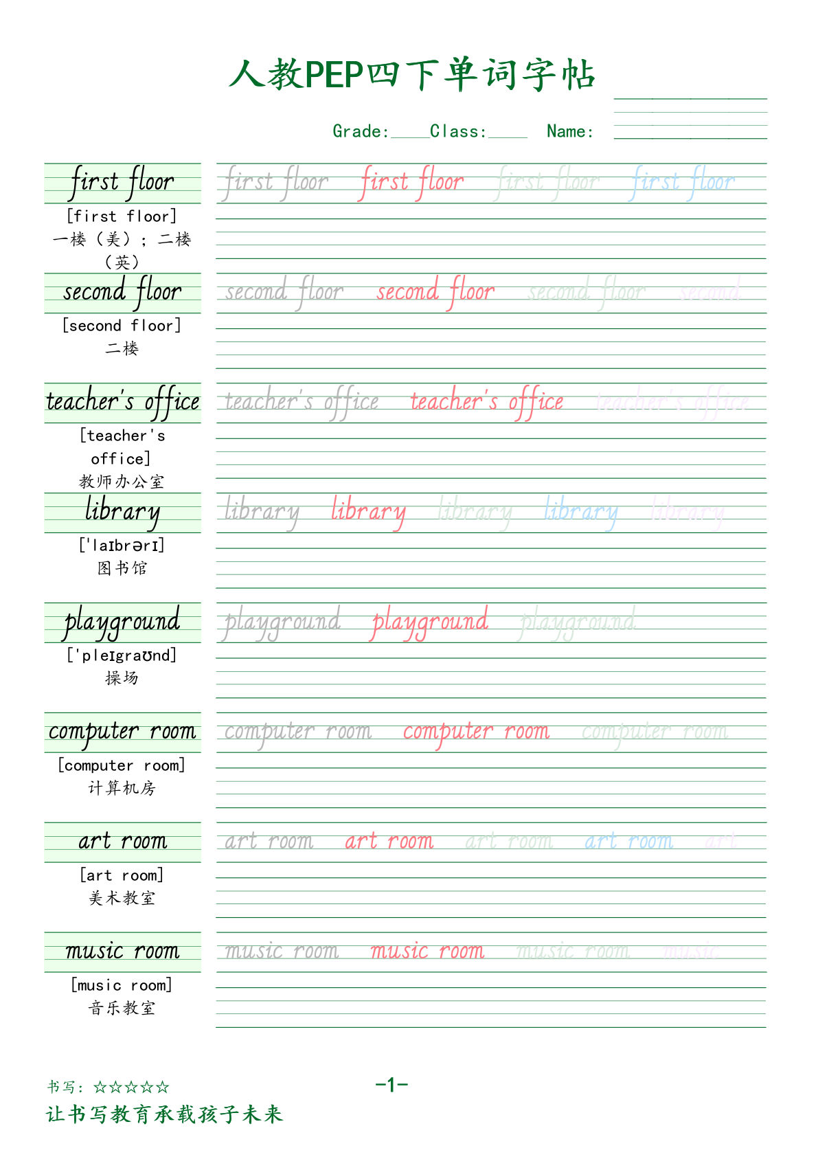 四年级下册人教PEP版英语【单词字帖.1】