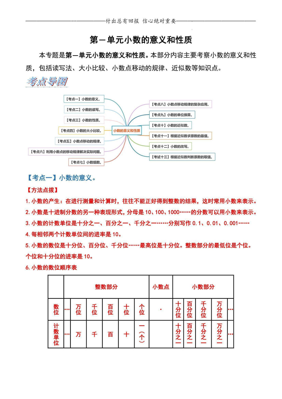 四年级下册北师版数学【第一单元小数的意义（解析版）】