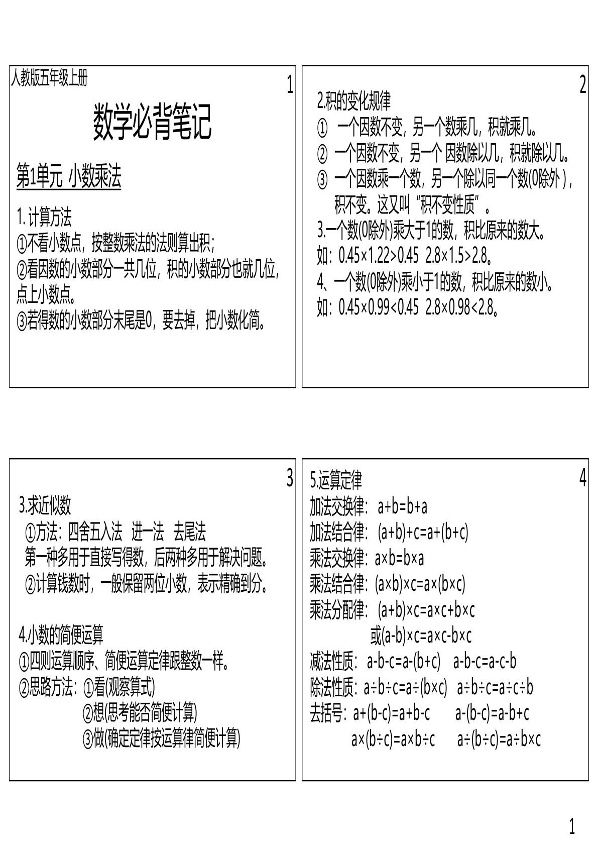 五年级上册人教版数学【必背笔记小贴纸】pdf