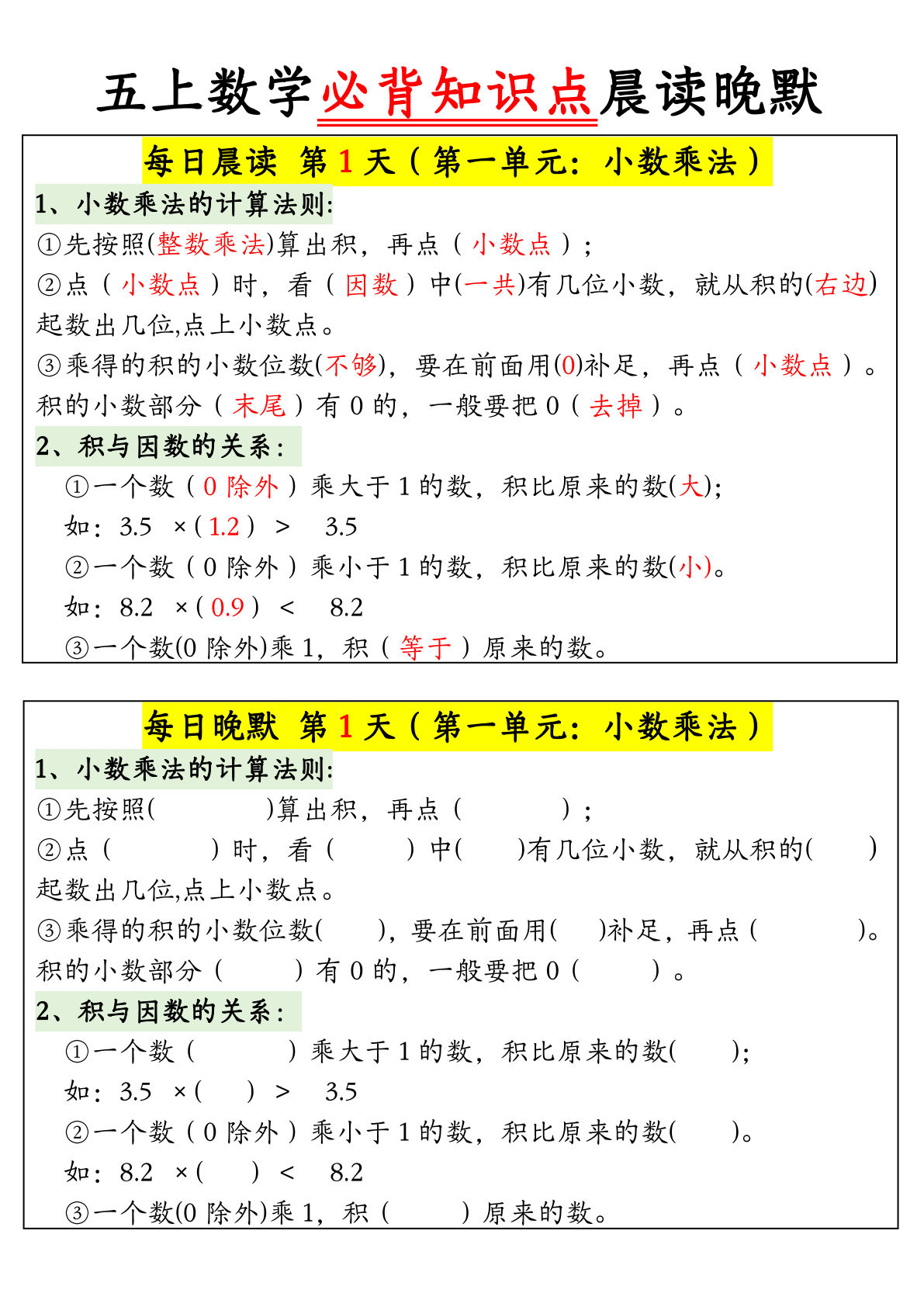 五年级上册数学【晨读晚默必背知识点】