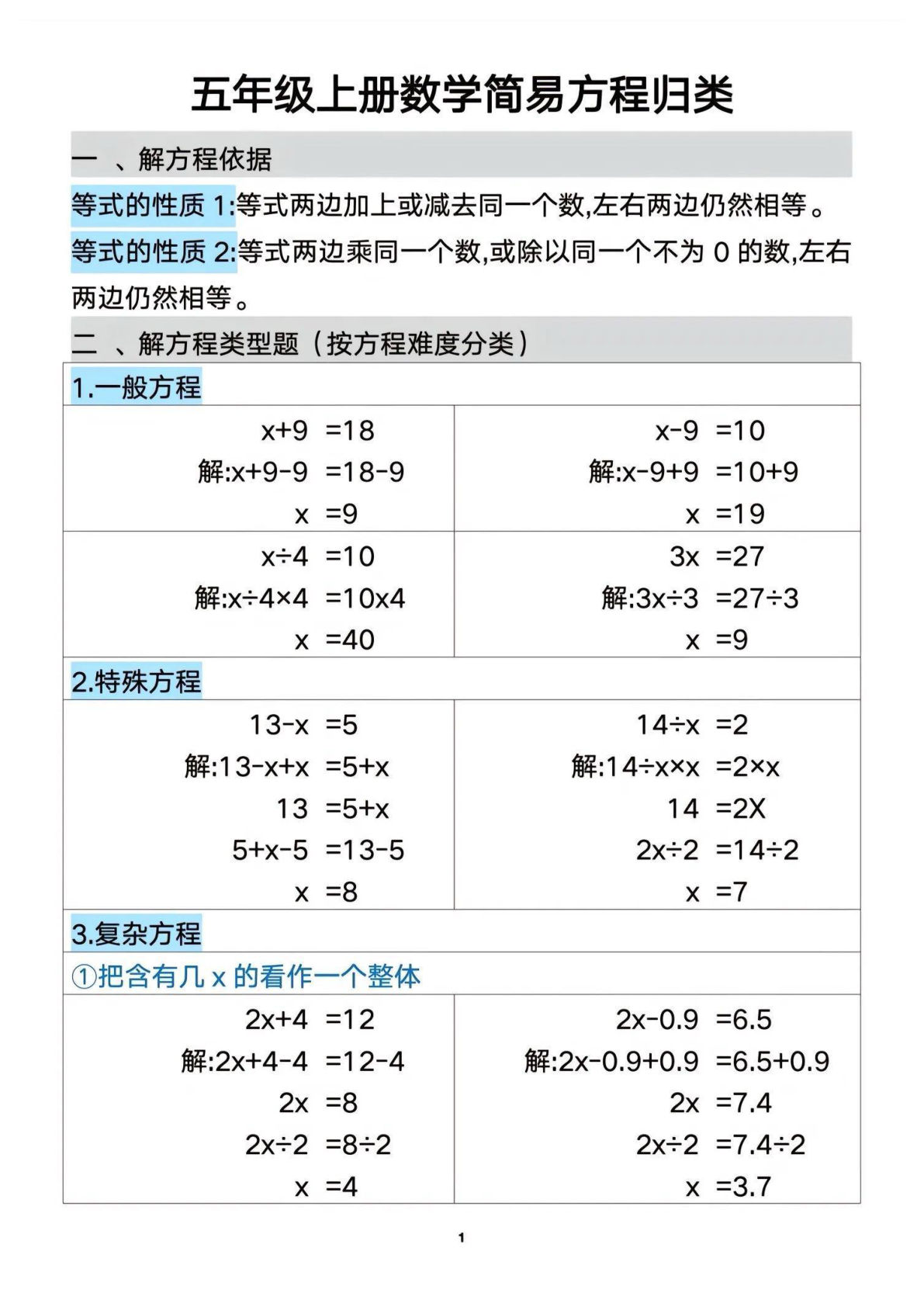 五年级上册数学【简易方程归类练习】