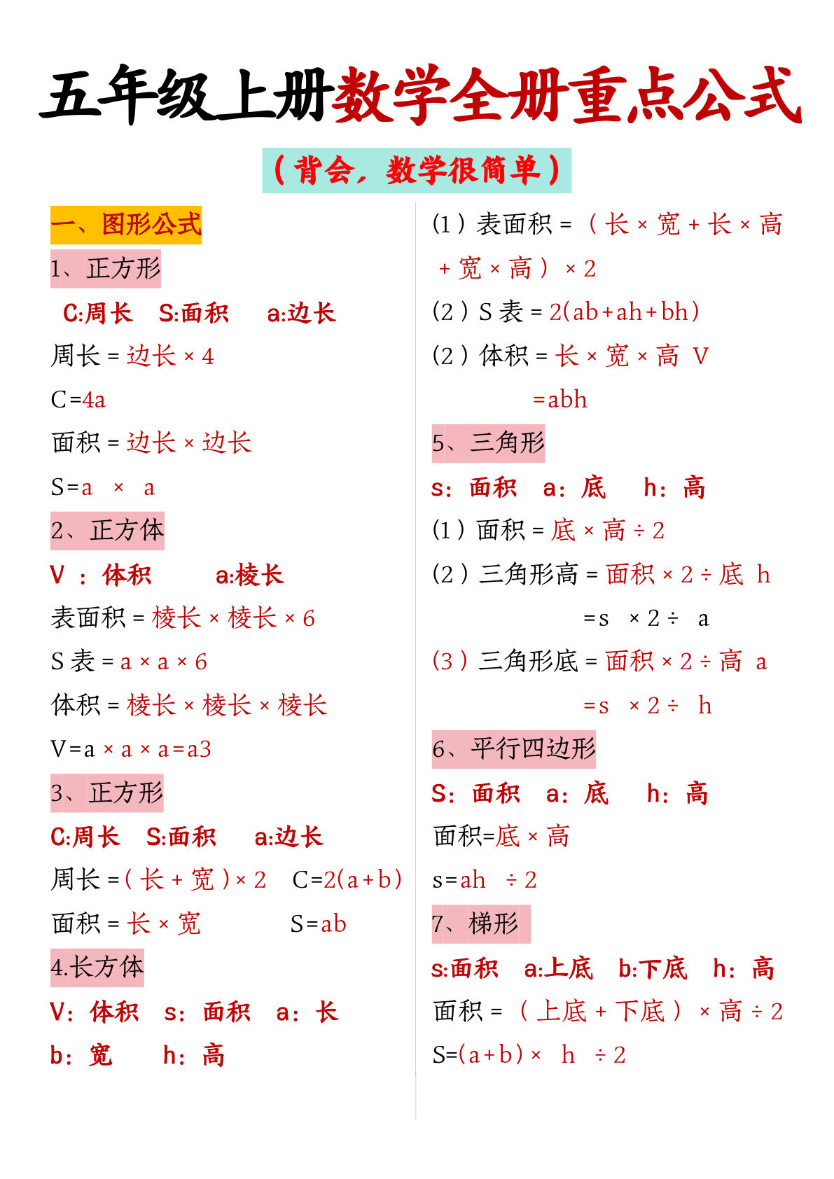 五年级上册数学【全册重点公式】