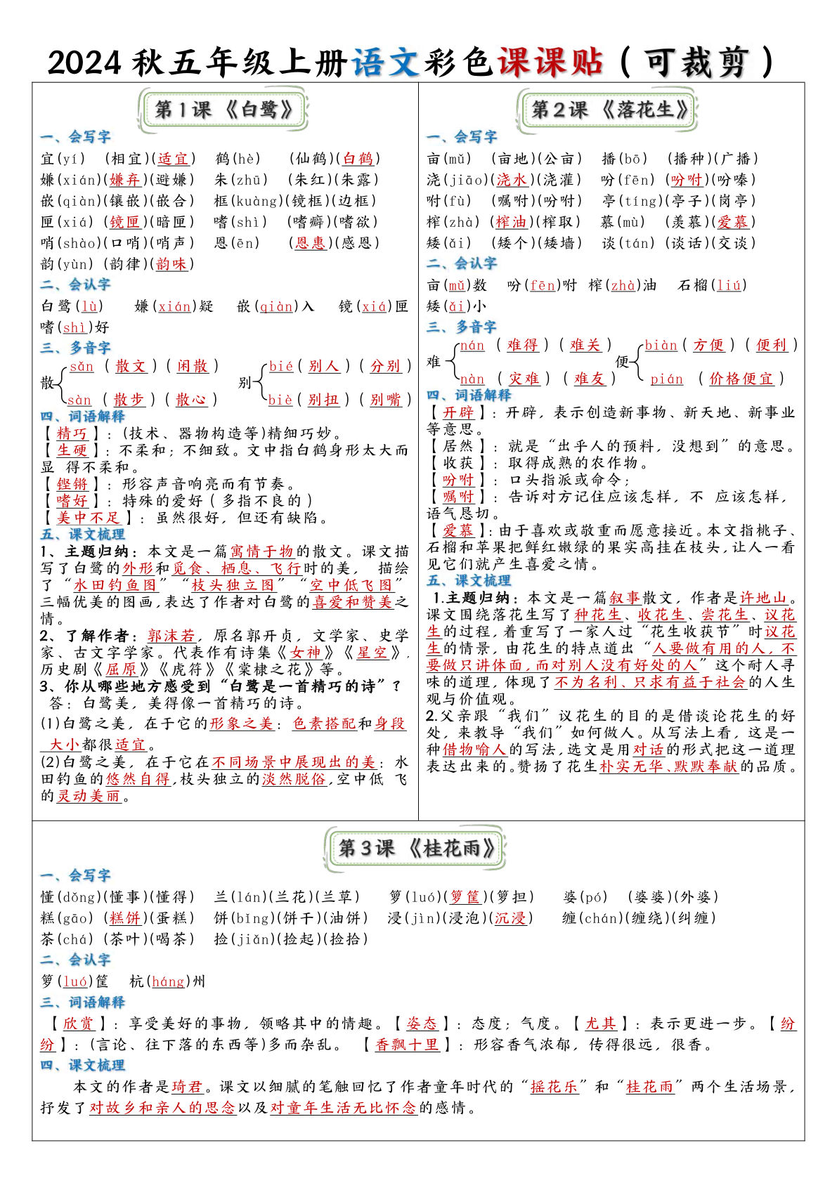 【2024秋-彩色课课贴】五年级上册语文