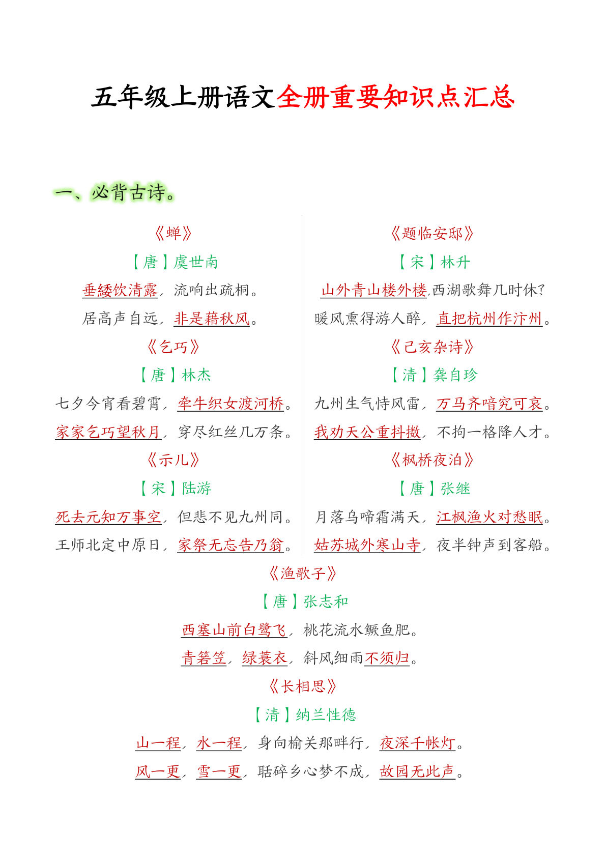 【必背全册重要知识点汇总】五年级上册语文