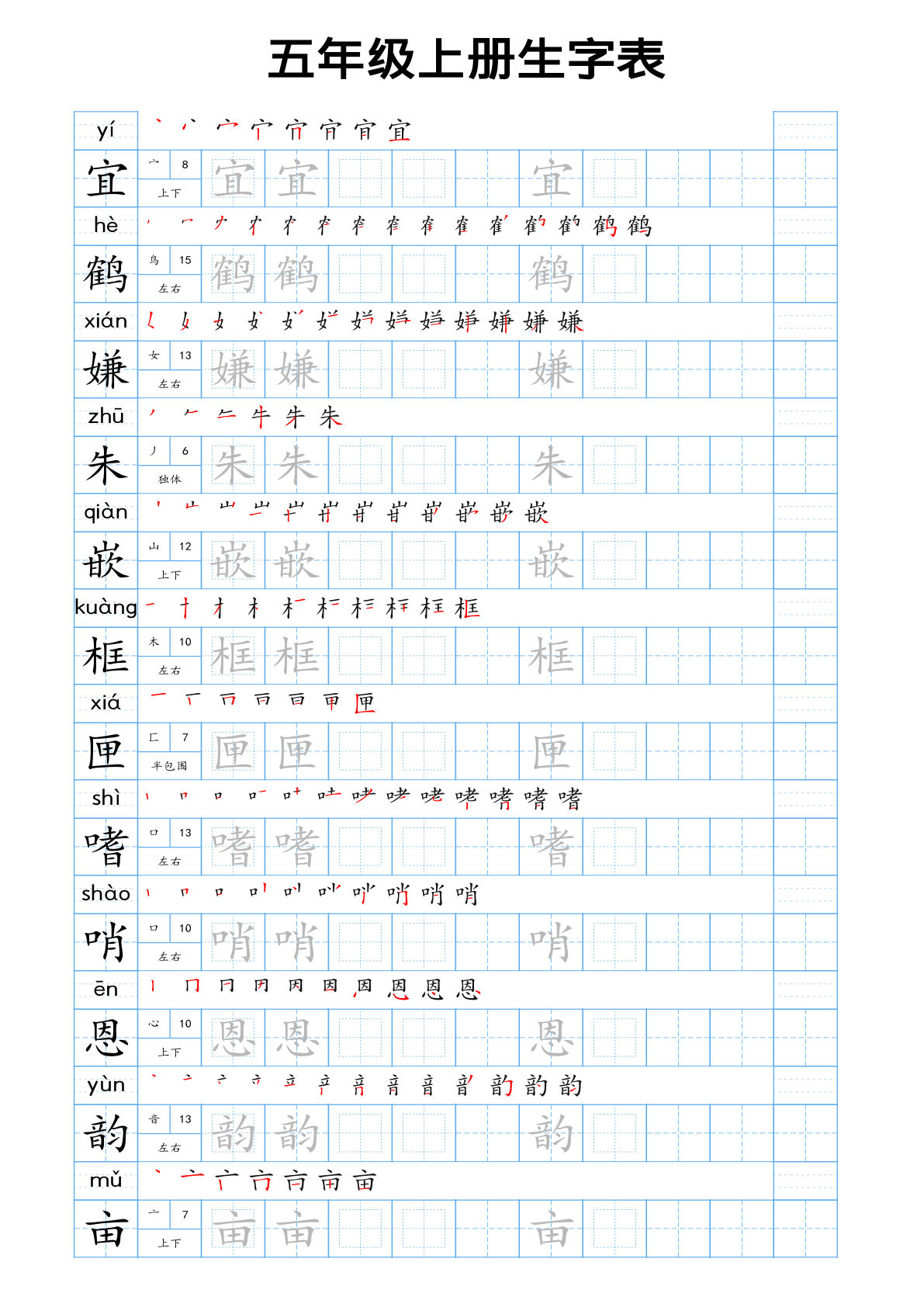 24秋新版-五年级上册生字表字帖-蓝版