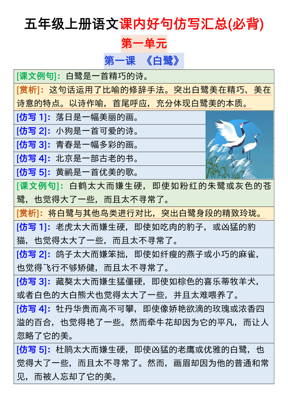 【1-8课（课内好句仿写汇总）】五年级上册语文