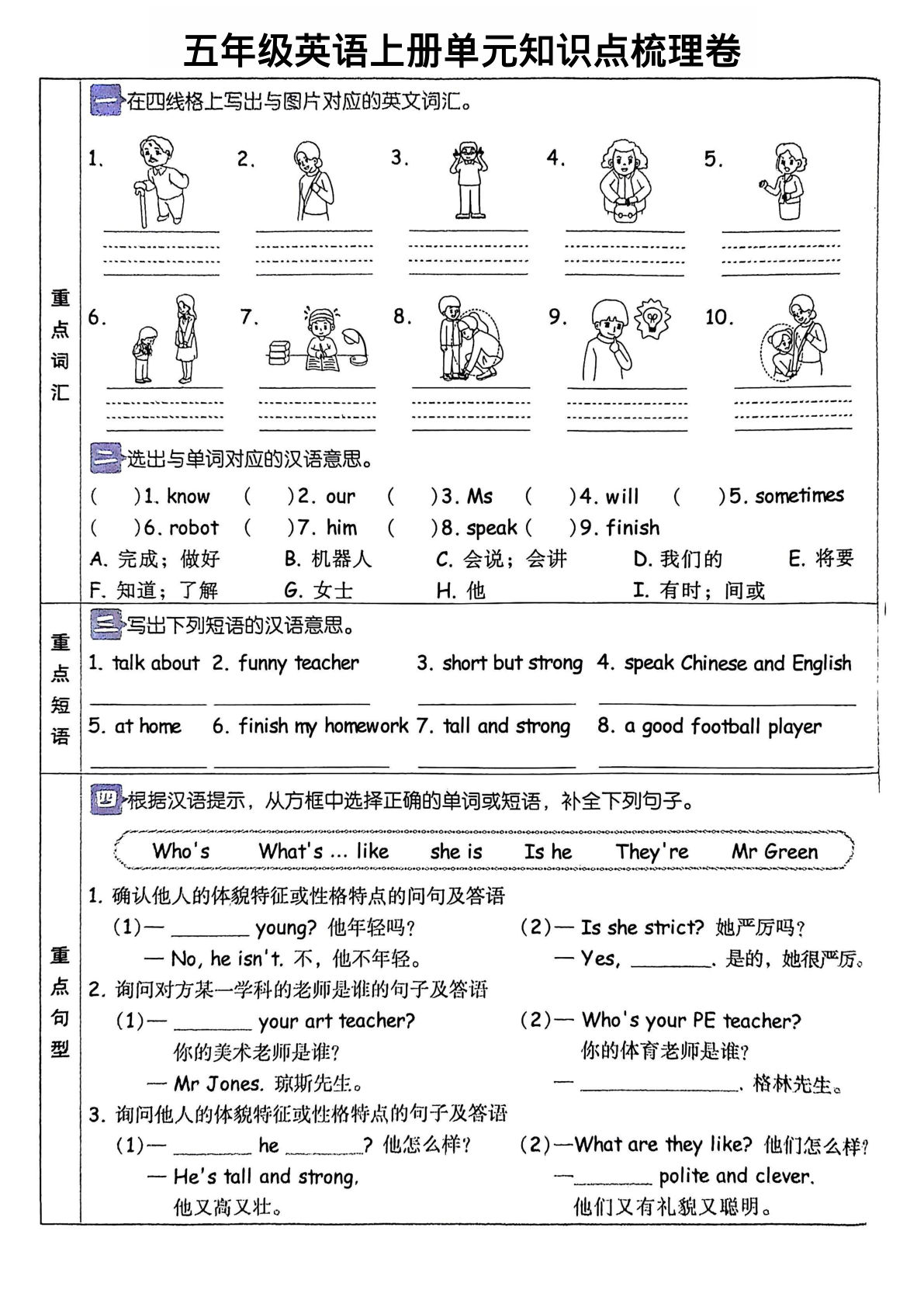 五年级上册人教PEP版英语【单元知识总汇梳理卷】-鸡娃题库官网-永久免费分享小学教辅资源