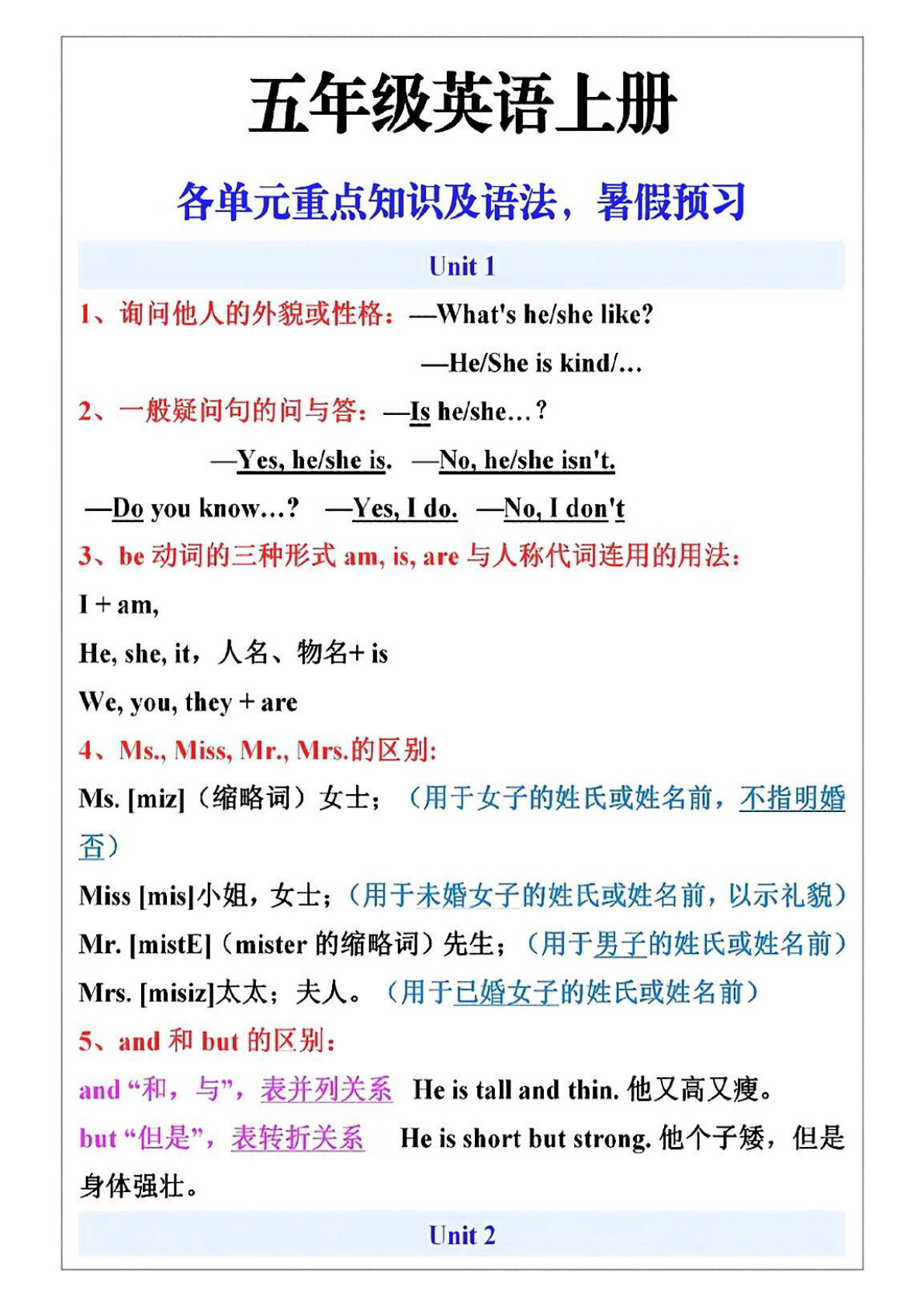 五年级上册人教PEP版英语【各单元重点知识及语法】