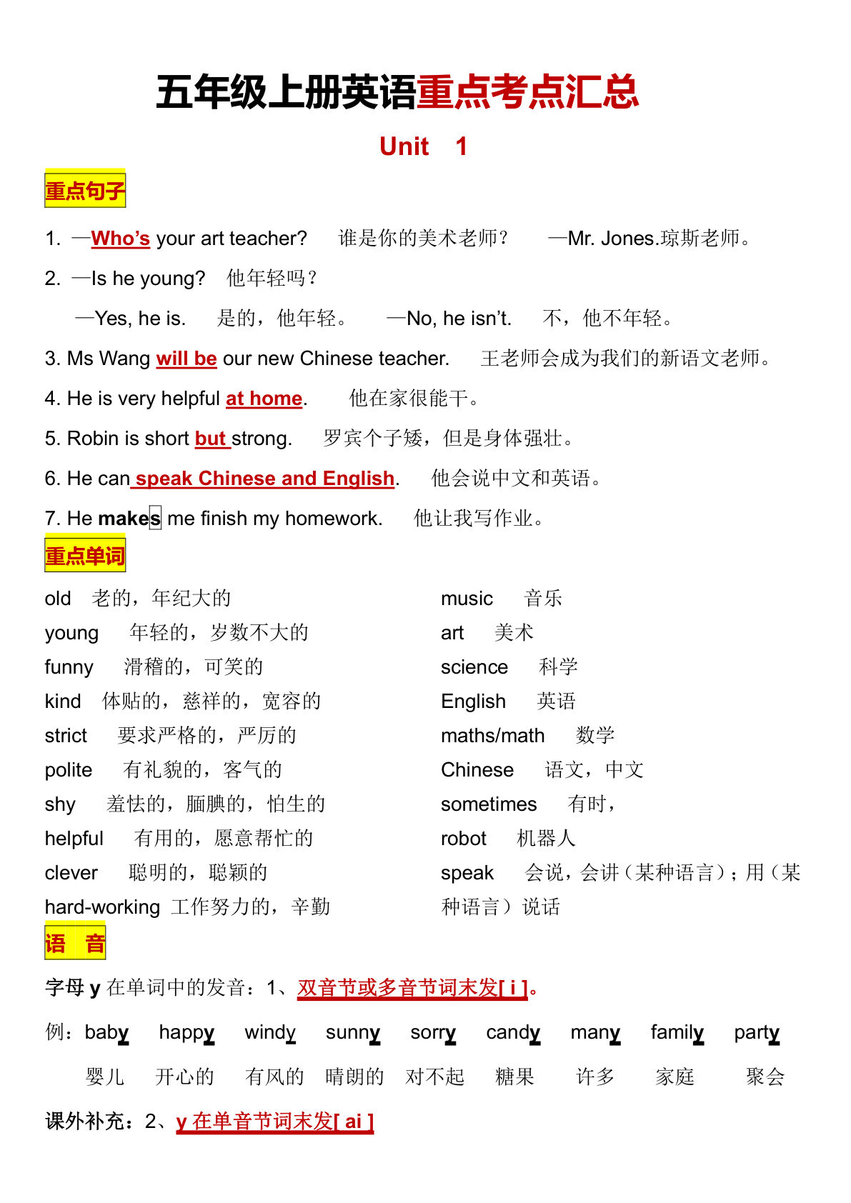 五年级上册人教PEP版英语【知识点总结及各单元作文】(1)