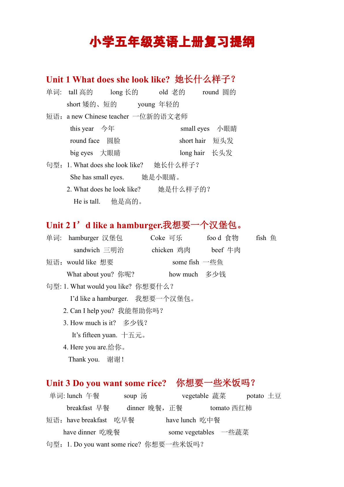 五年级上册湘少版英语【复习资料2】