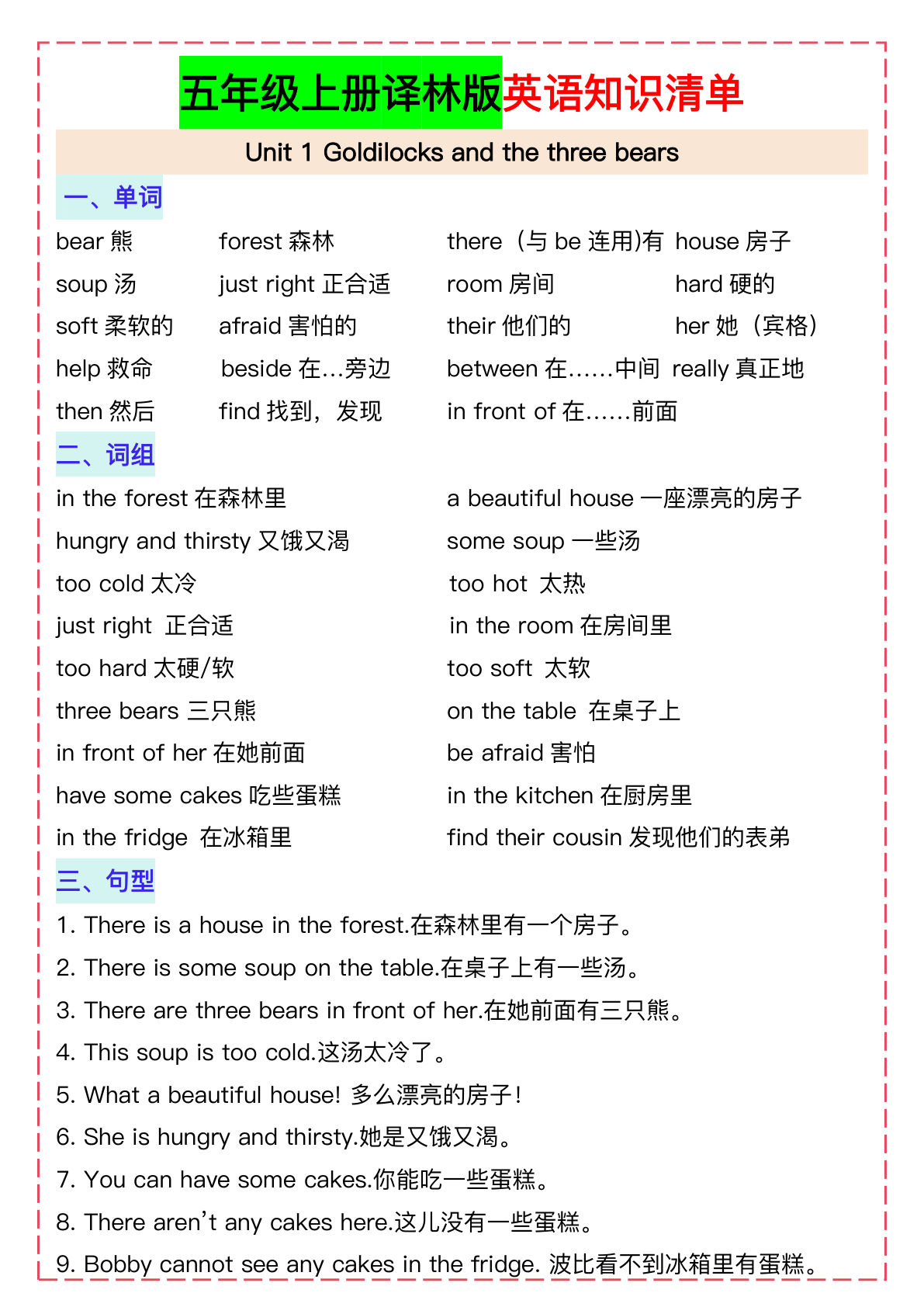 五年级上册译林版英语【知识清单】