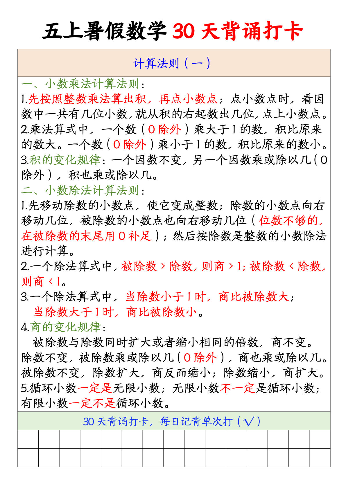 五年级上册通用版数学【暑假衔接30天背诵打卡】