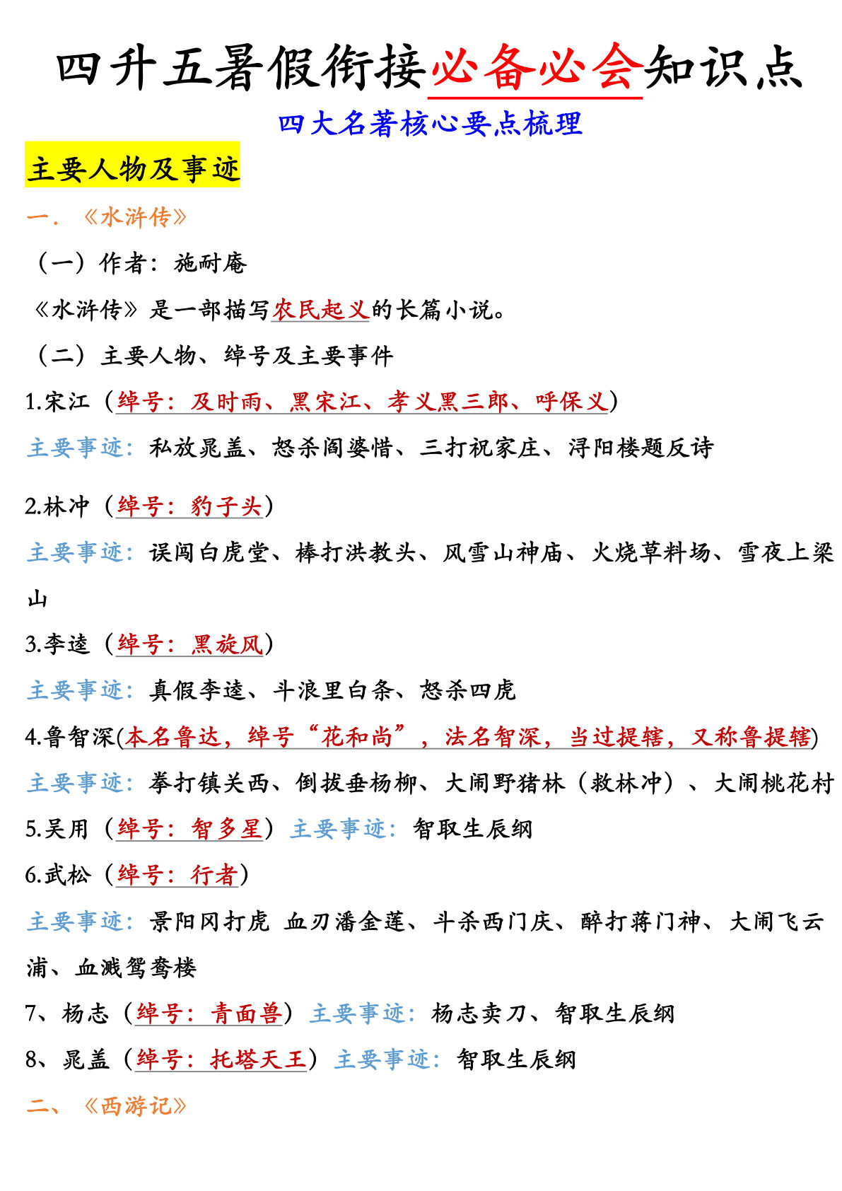 五年级上册语文【暑假衔接必备必会知识点（四大名著核心重要知识点）】