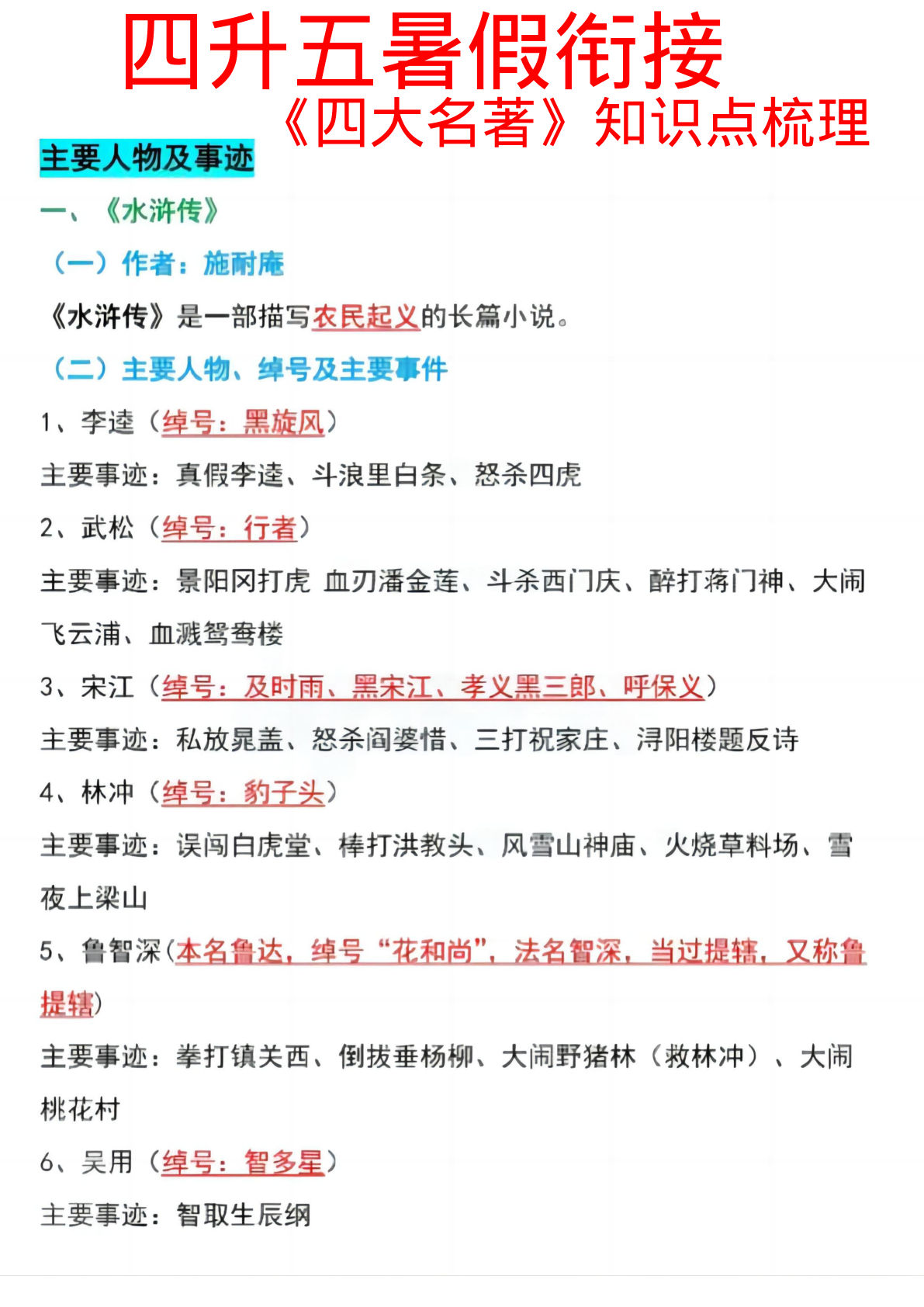 五年级上册语文【暑假衔接四大名著知识点梳理】