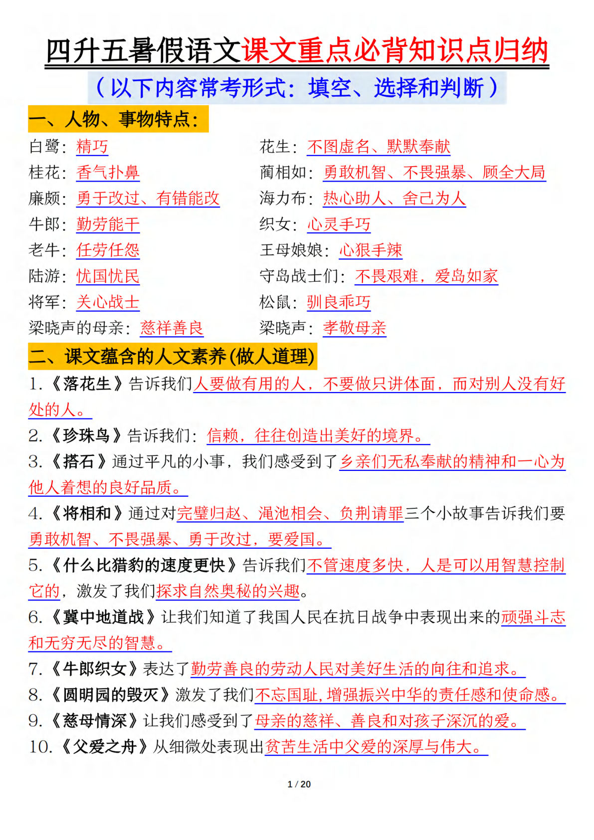 五年级上册年级暑假语文课文重点必背知识点归纳输出（20页）