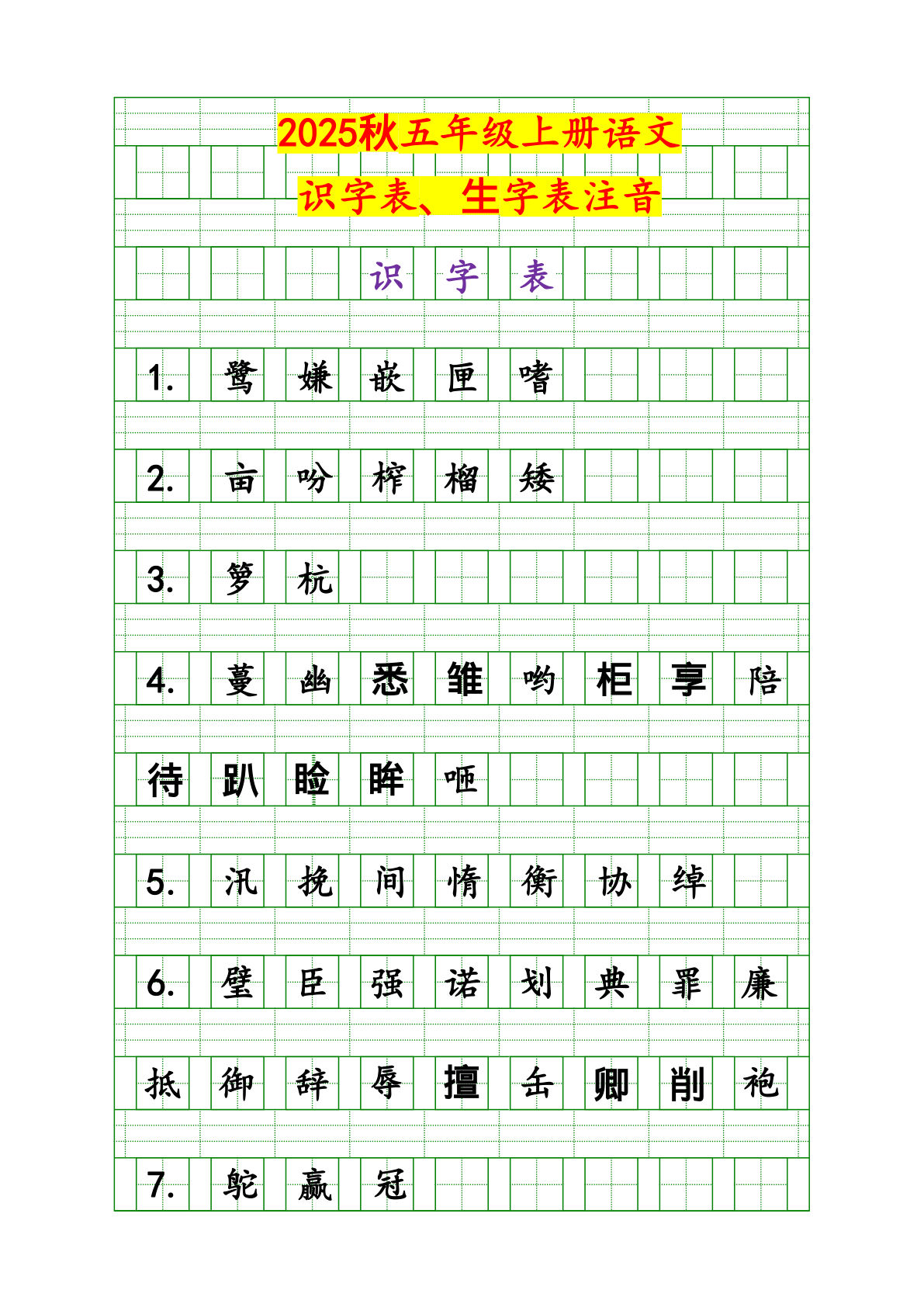 五年级上册语文【2025秋-识字表、生字表注音练习】