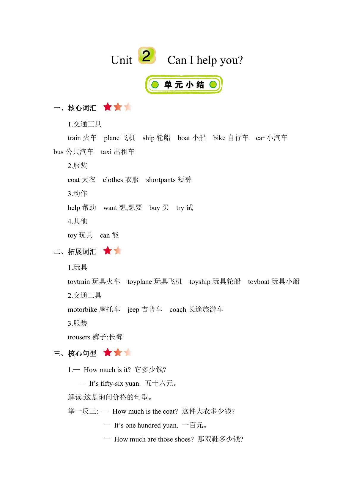 五年级下册人教精通版英语【Unit 2 知识清单】