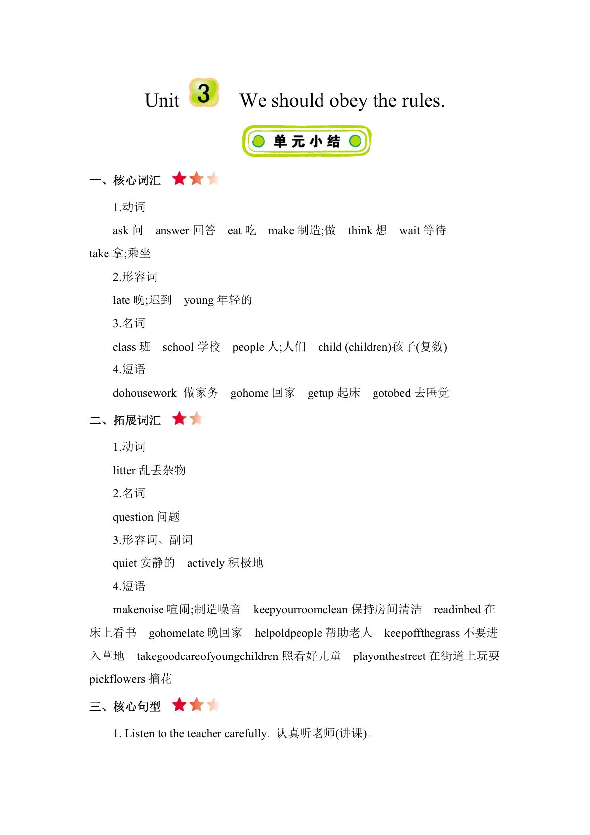 五年级下册人教精通版英语【Unit 3 知识清单】