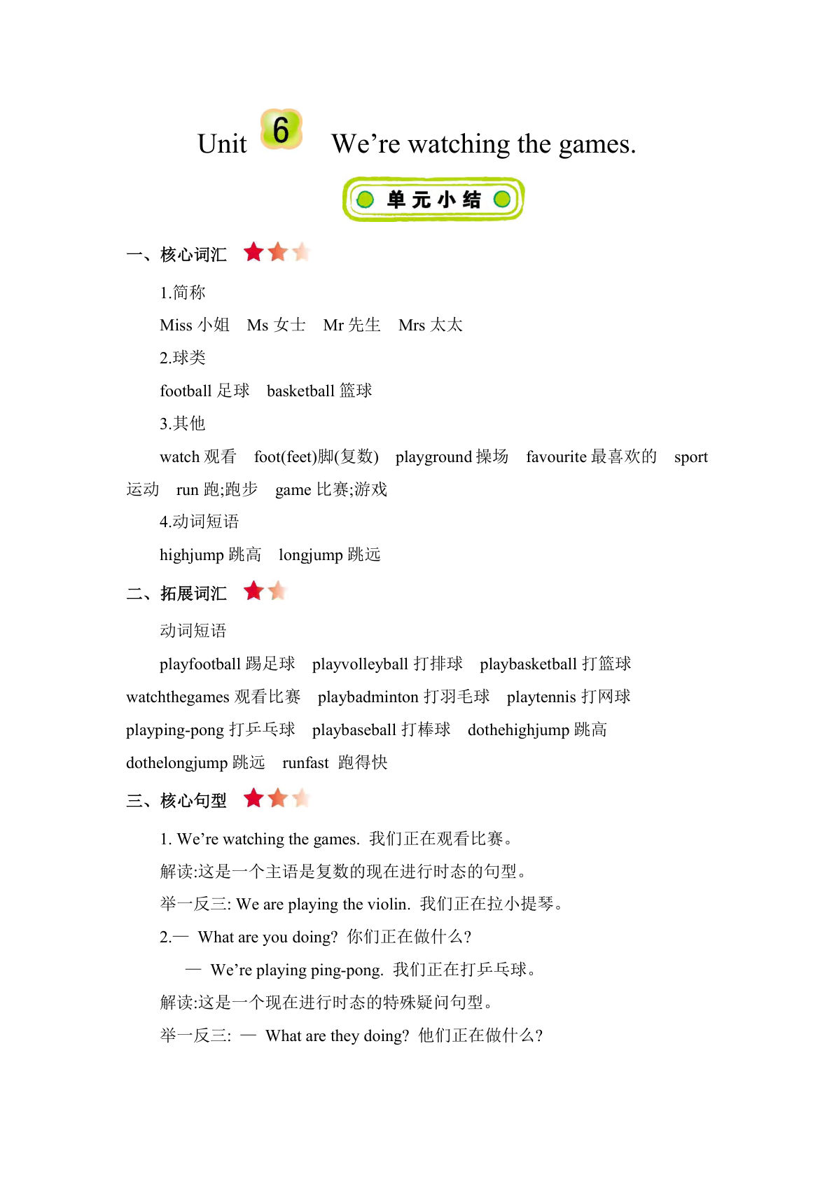 五年级下册人教精通版英语【Unit 6 知识清单】