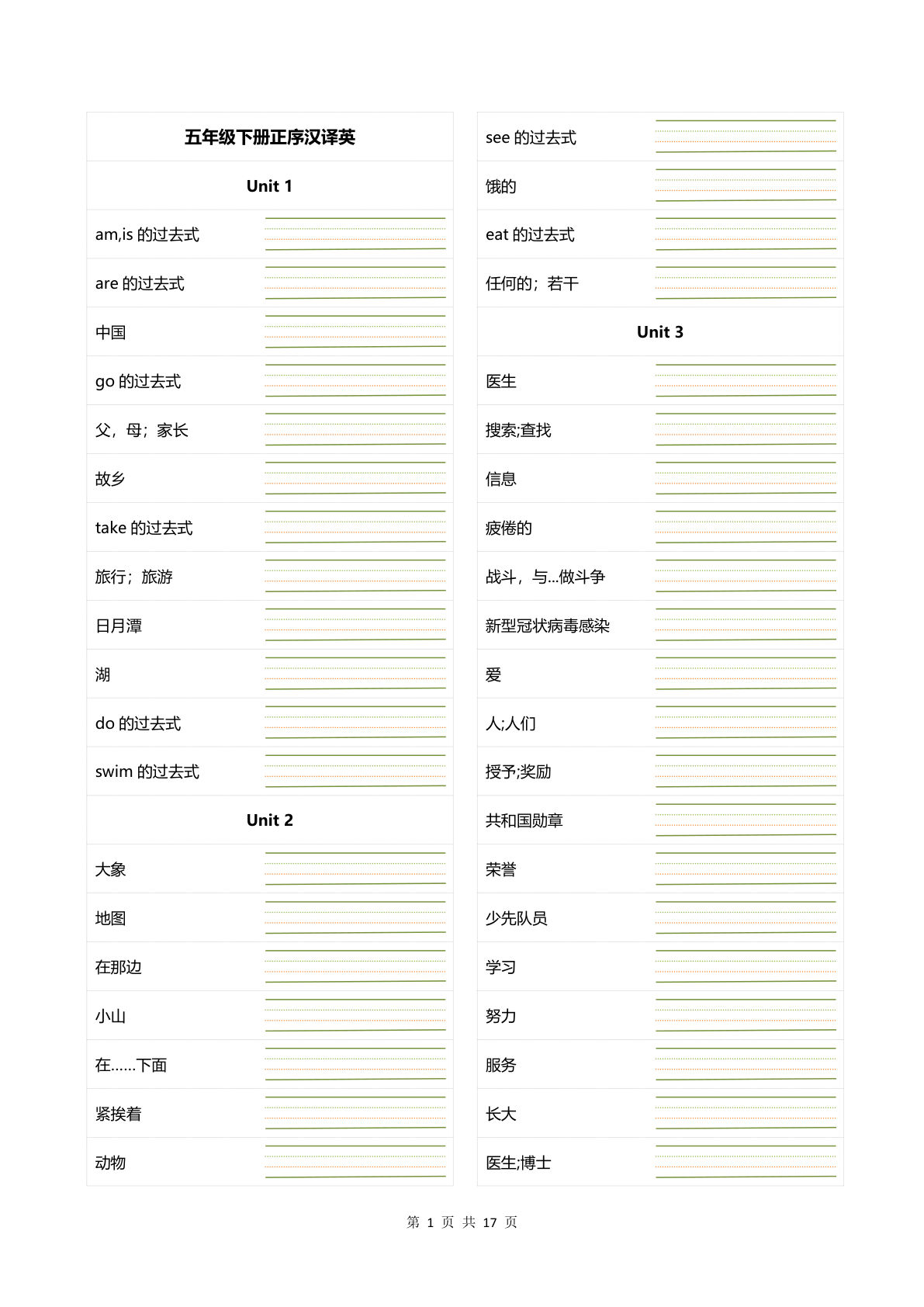 五年级下册丨英语 单词正乱序默写-空白（闽教版）