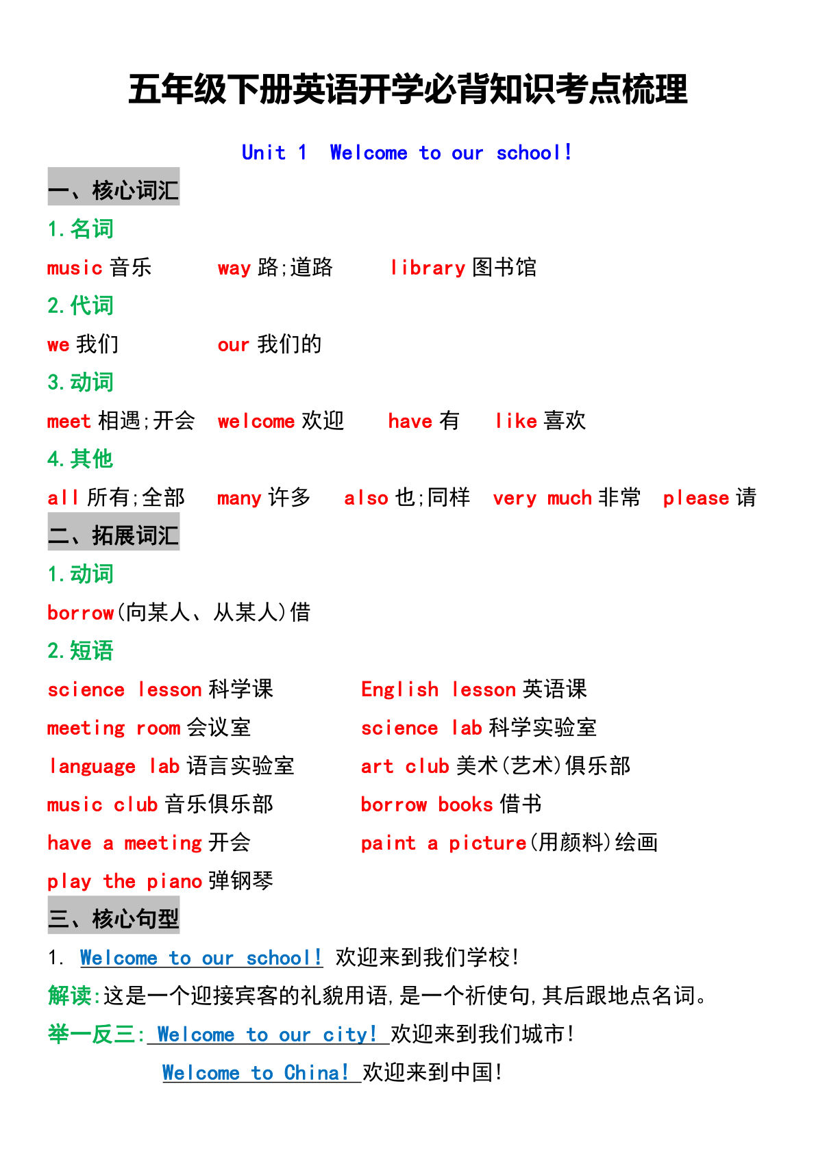 五年级下册人教PEP版英语【1-6单元知识考点梳理】