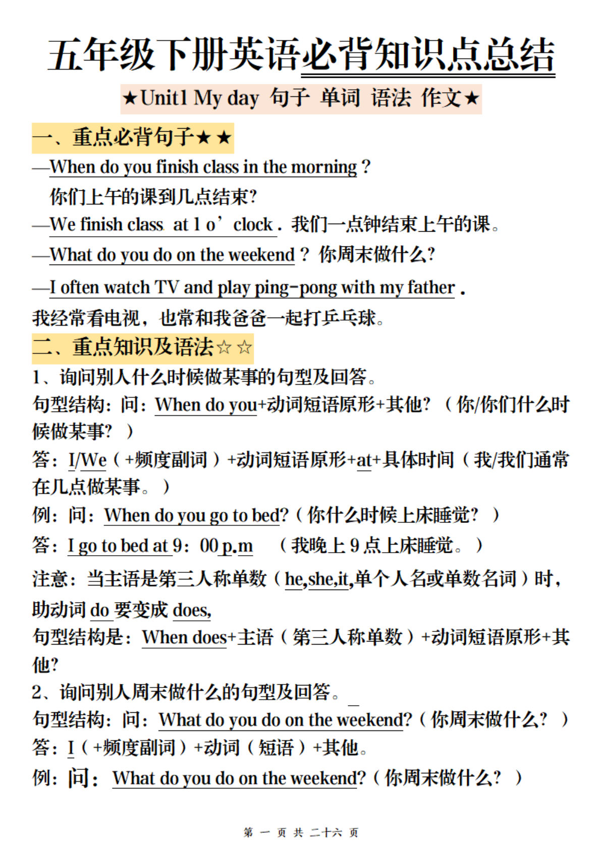 五年级下册人教PEP版英语【必背知识点归纳】