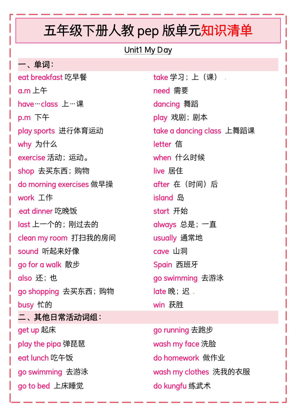 五年级下册人教PEP版英语【单元知识清单】