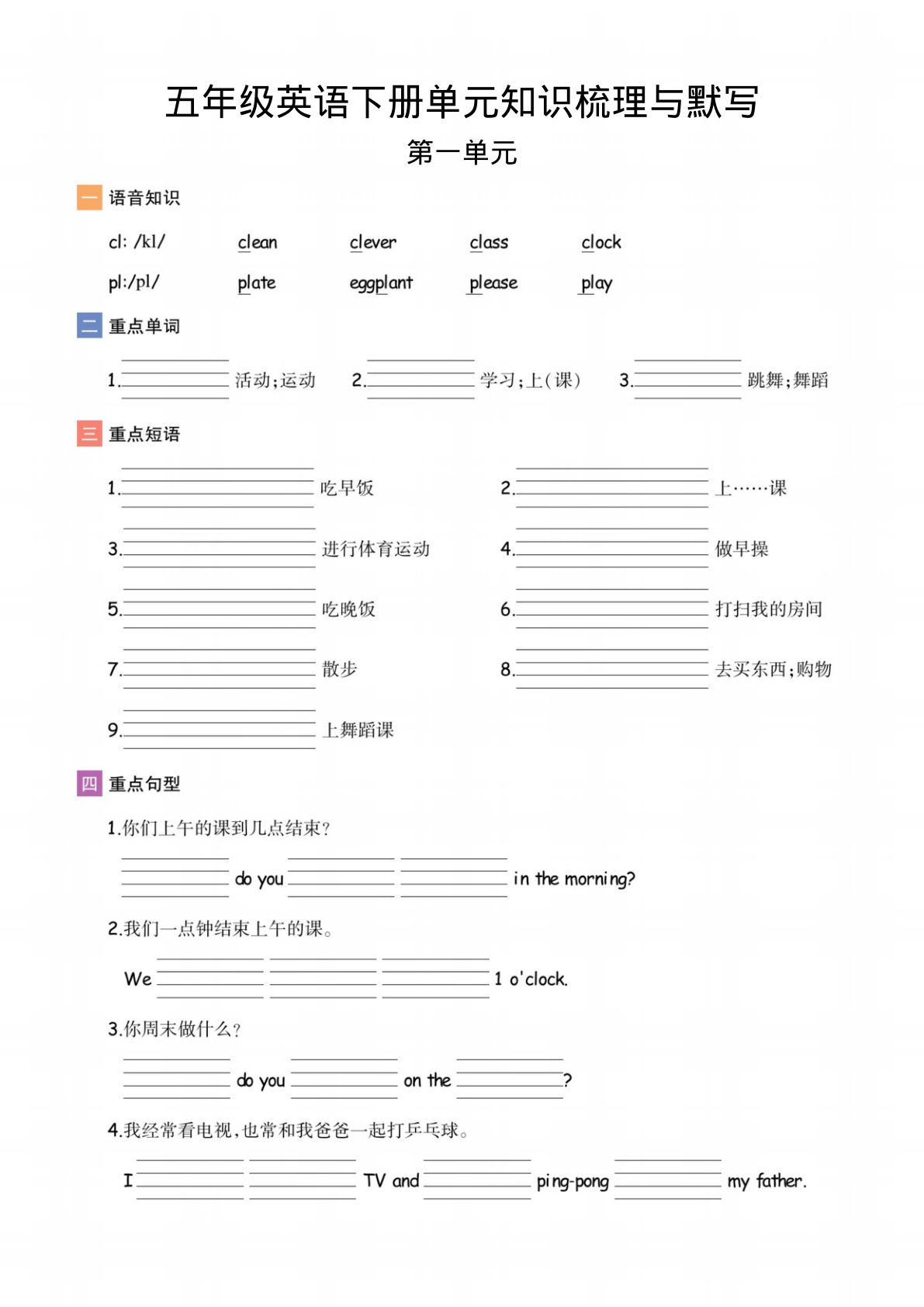 五年级下册人教PEP版英语【单元知识梳理与默写-智能训练】