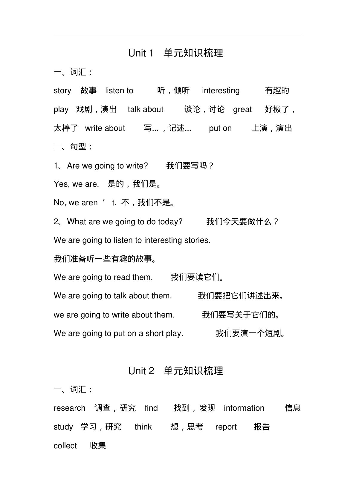 五年级下册湘少版英语【全册单元知识梳理】