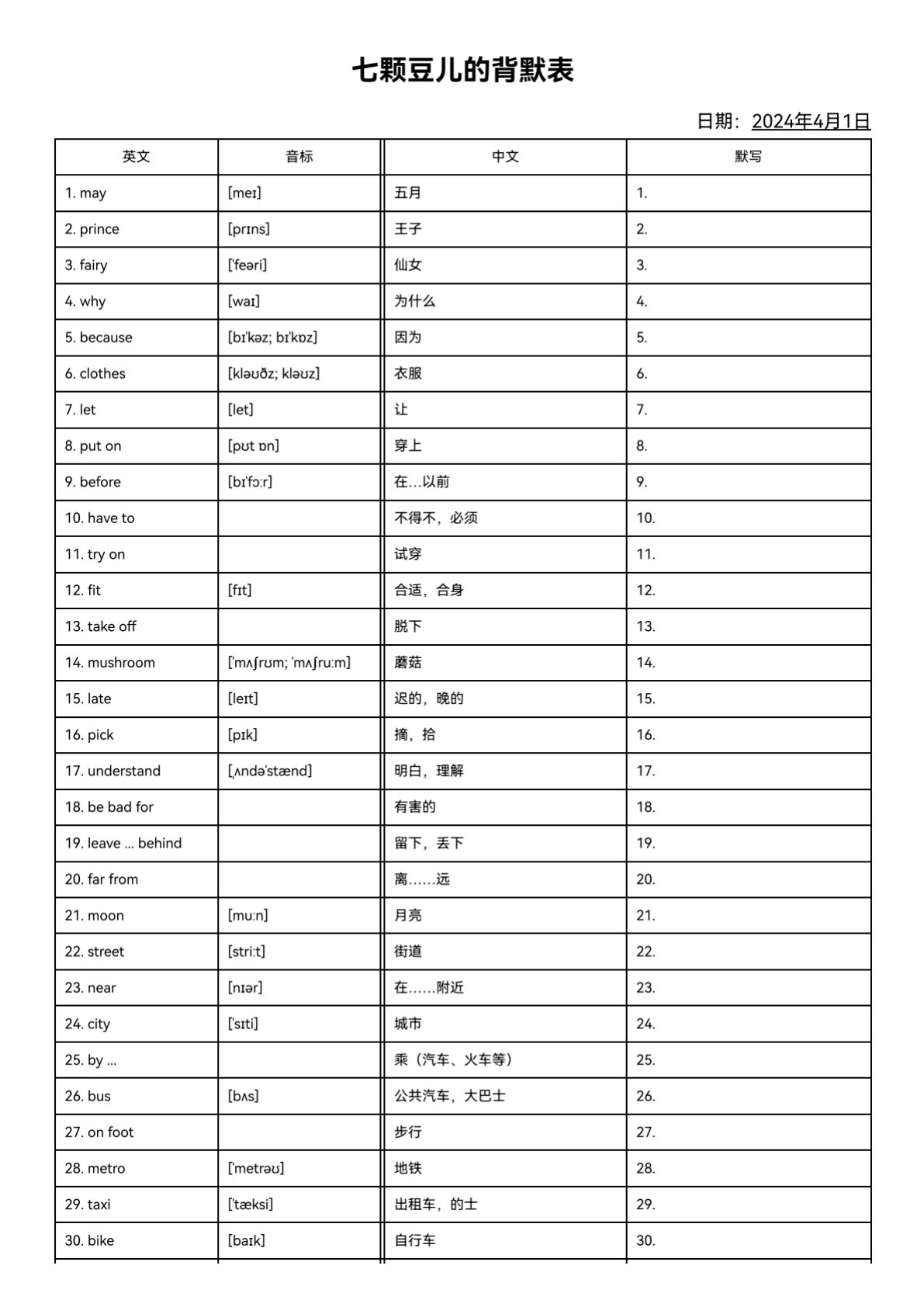 五年级下册译林版英语【单词背默】