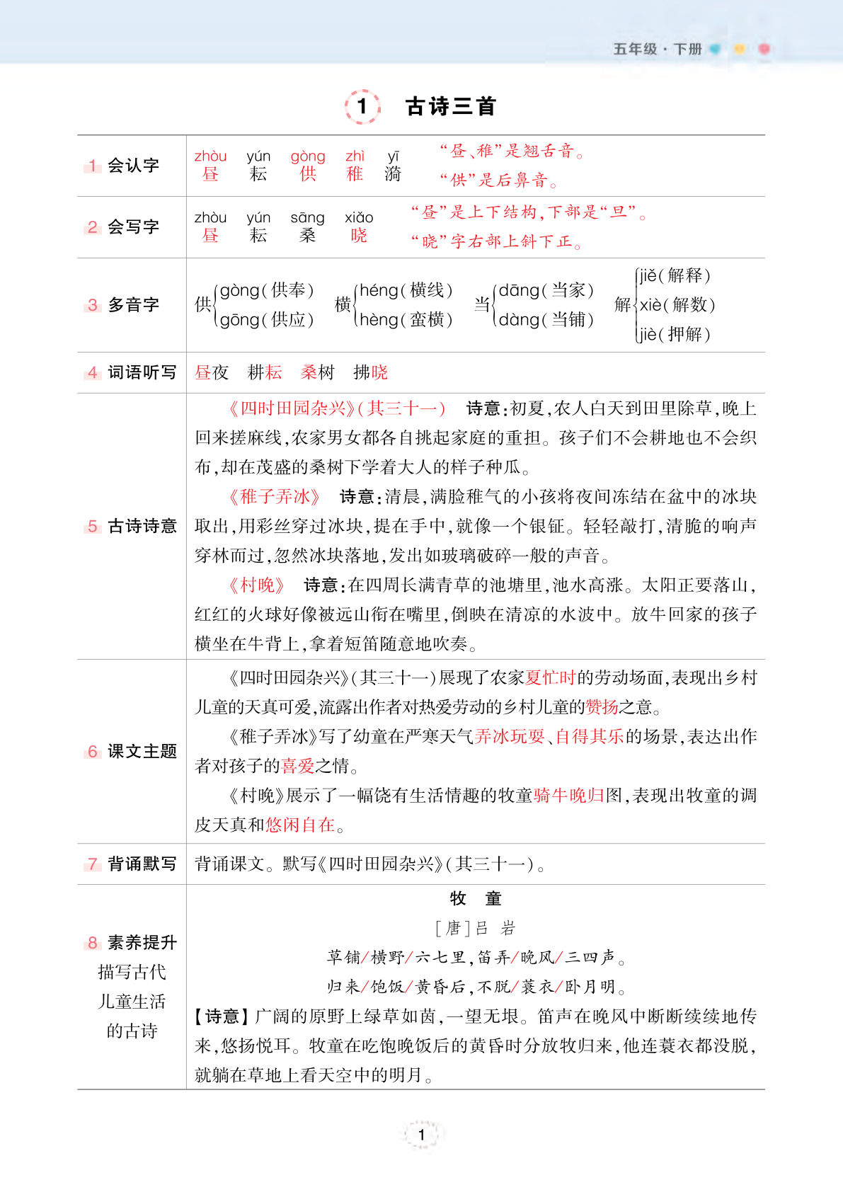 【状元笔记（背记清单）】五年级下册语文