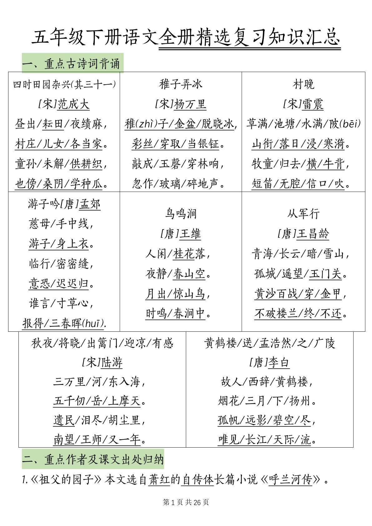 【全册精选复习知识汇总】五年级下册语文