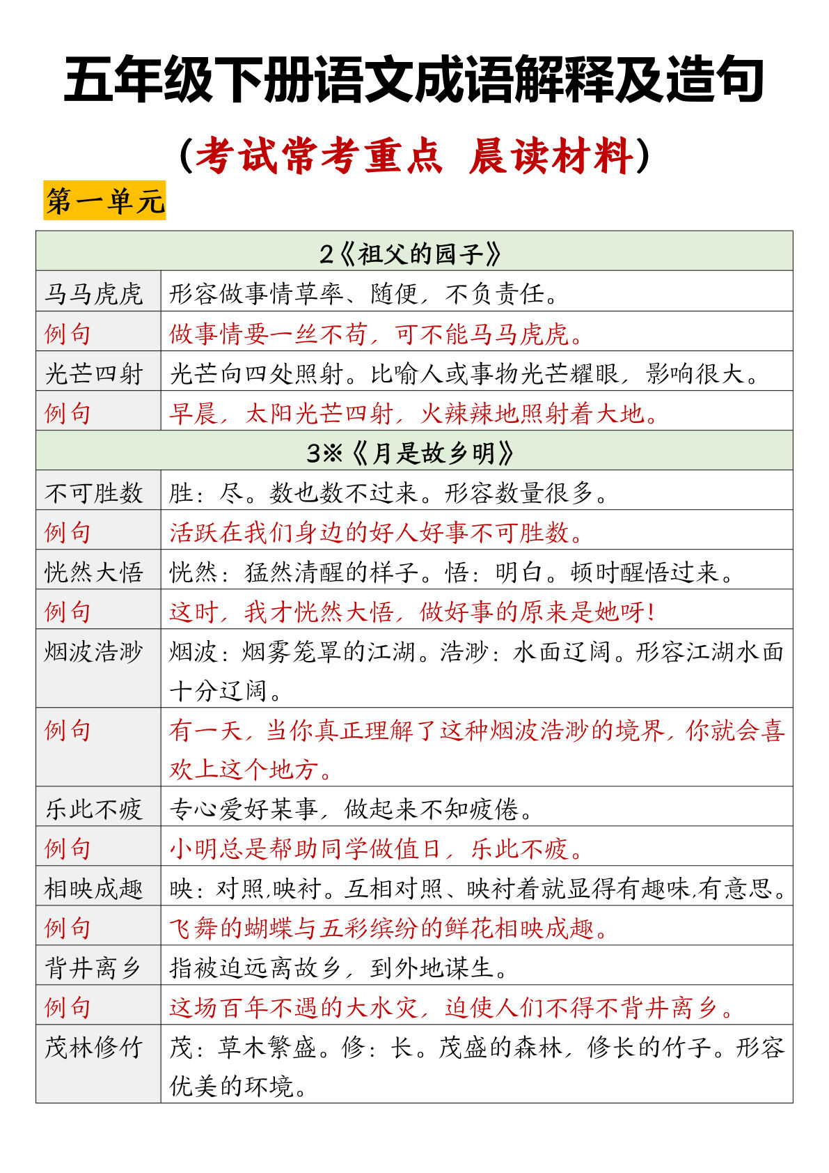 【四字词语整理】五年级下册语文