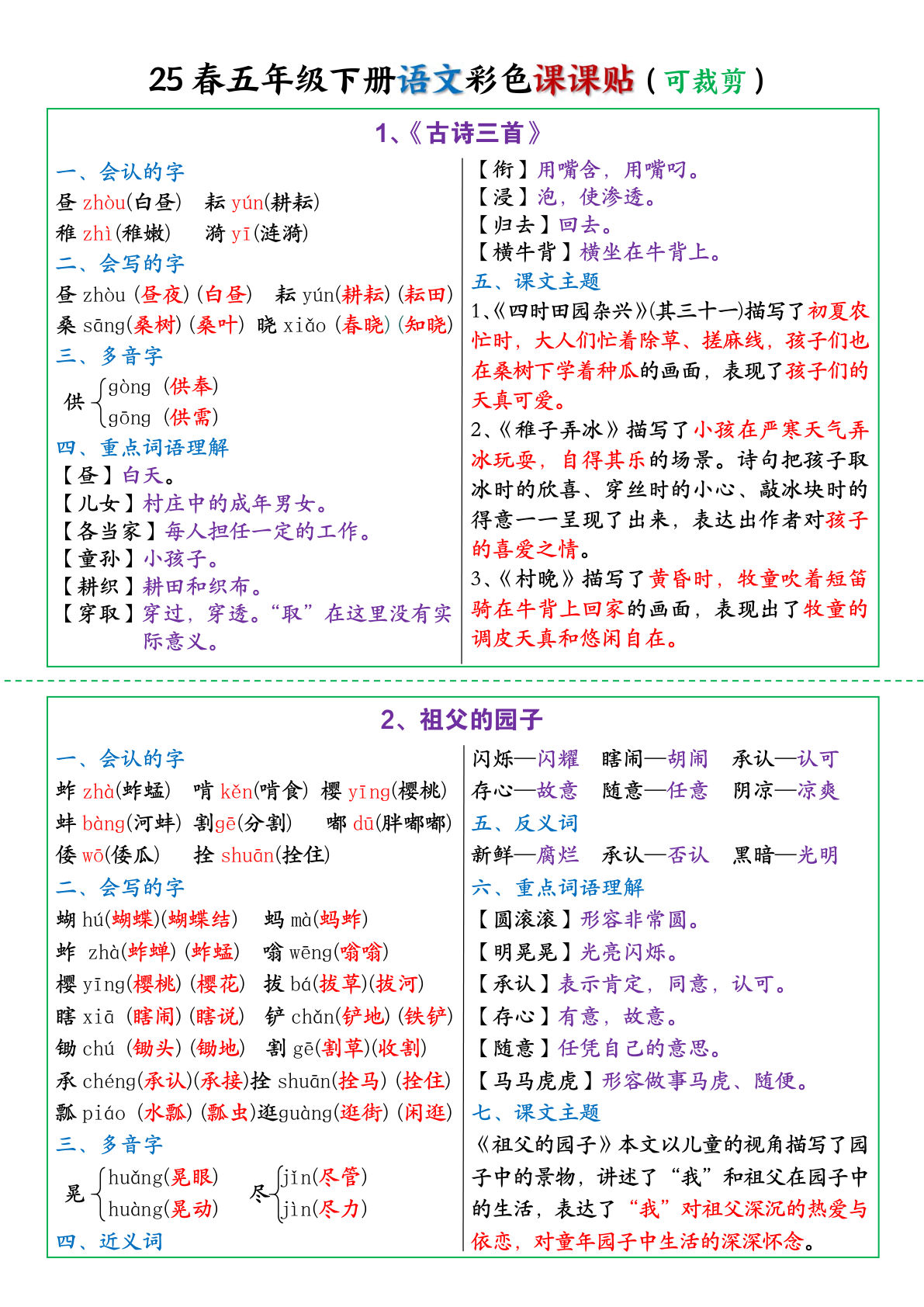 【25春-彩色课课贴】五年级下册语文