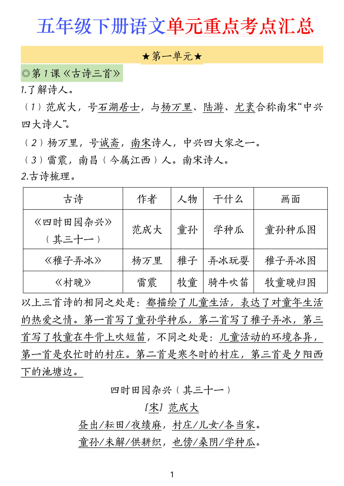 【全册单元重点考点汇总】五年级下册语文