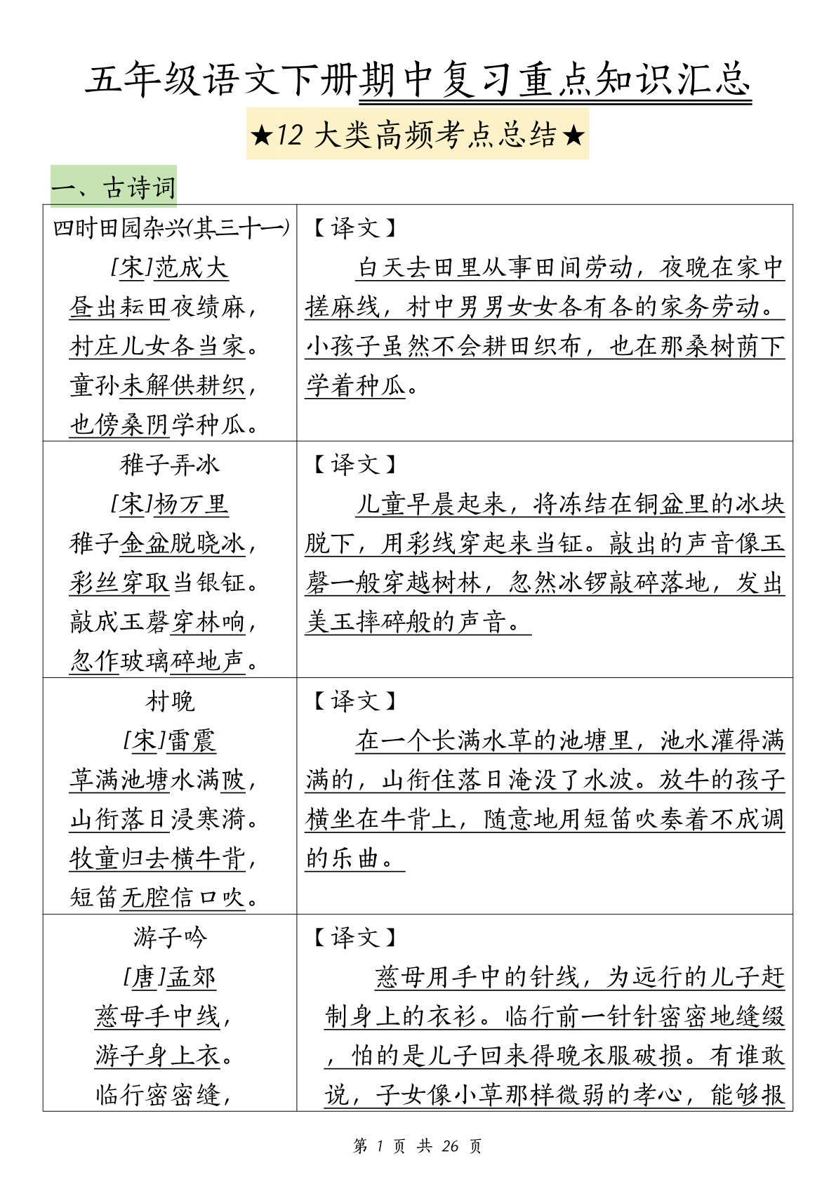 【期中高频考点总结（12大高频考点）（古诗+译文）】五年级下册语文