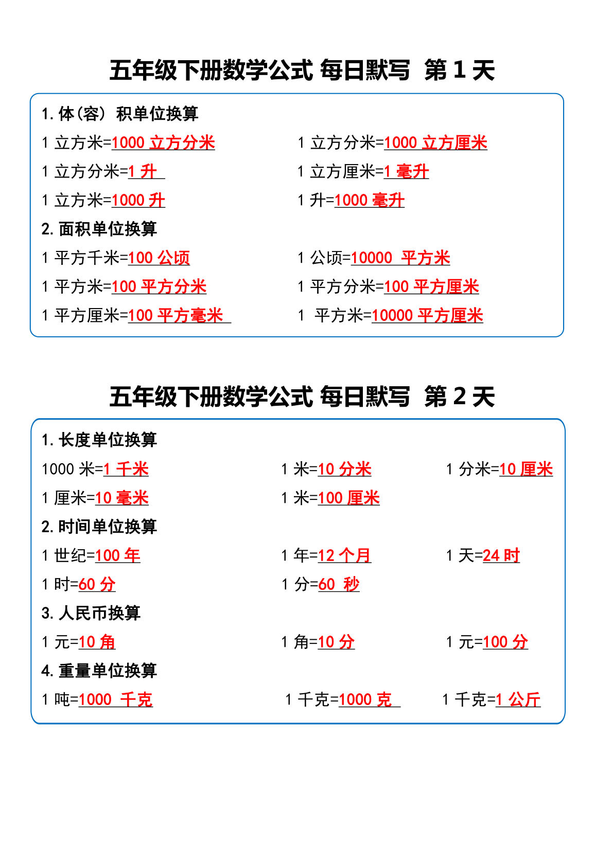 五年级下册数学【必背公式每日默写小纸条】