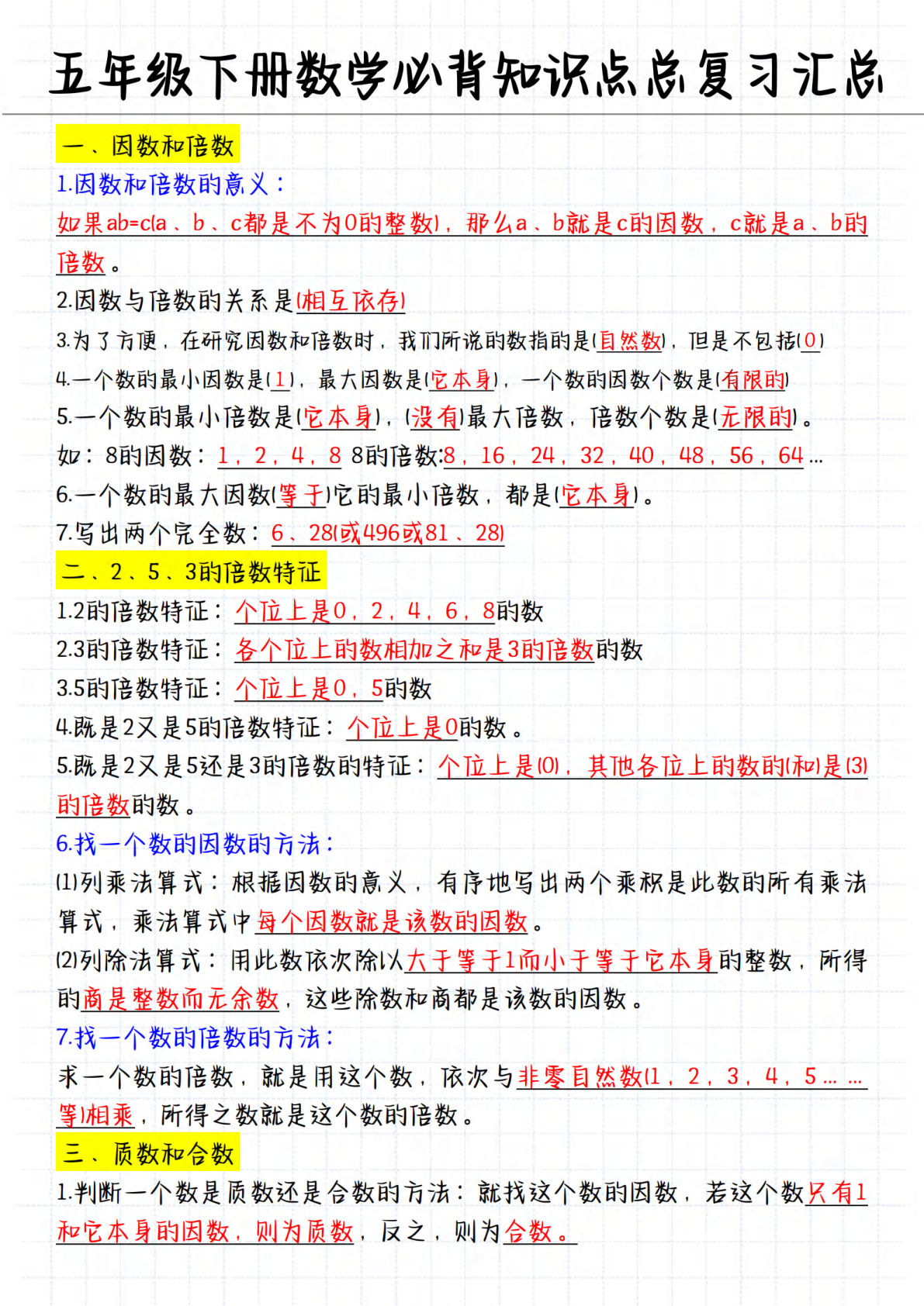五年级下册数学【必背知识点总复习汇总】