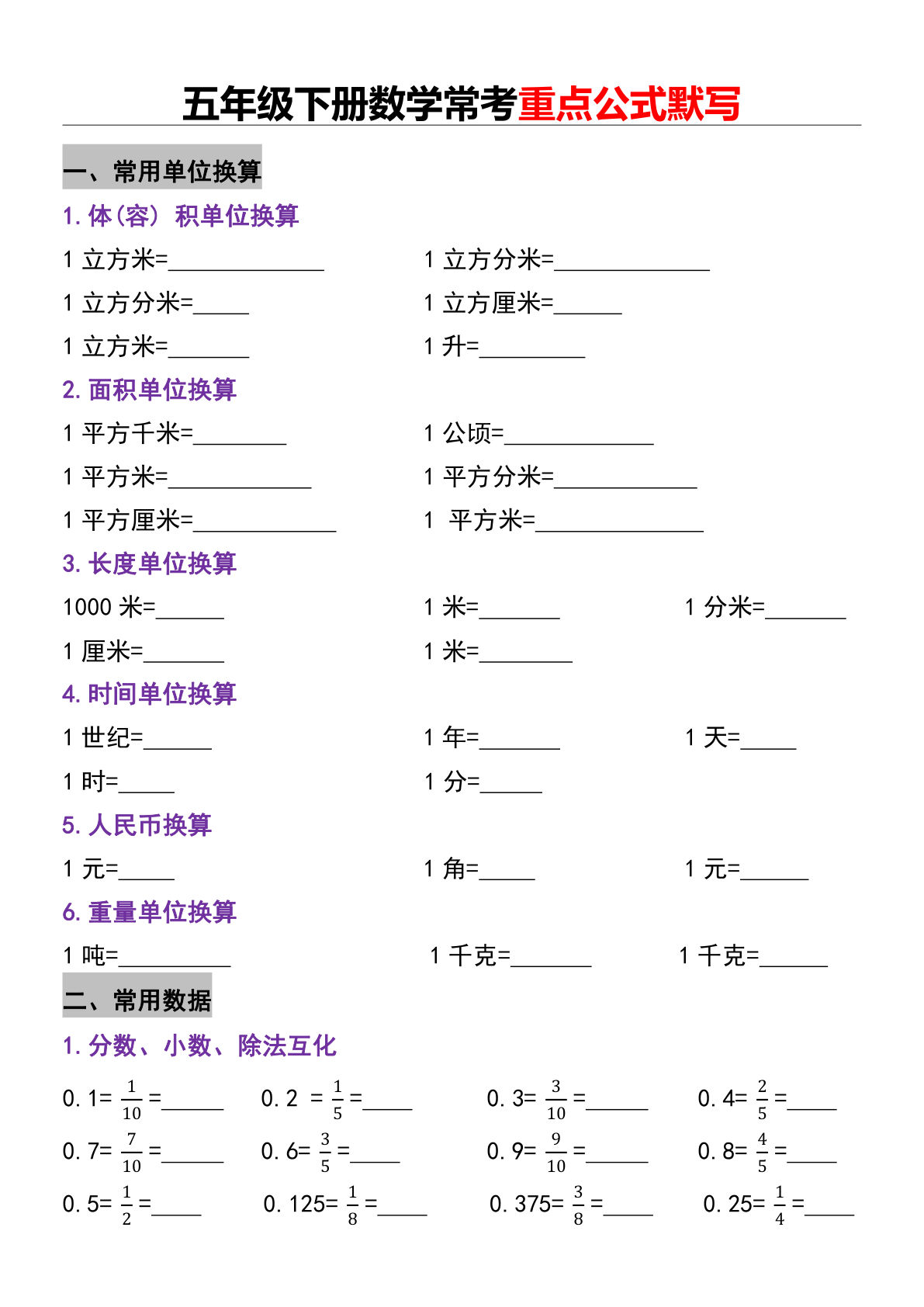 五年级下册数学【常考重点公式默写】