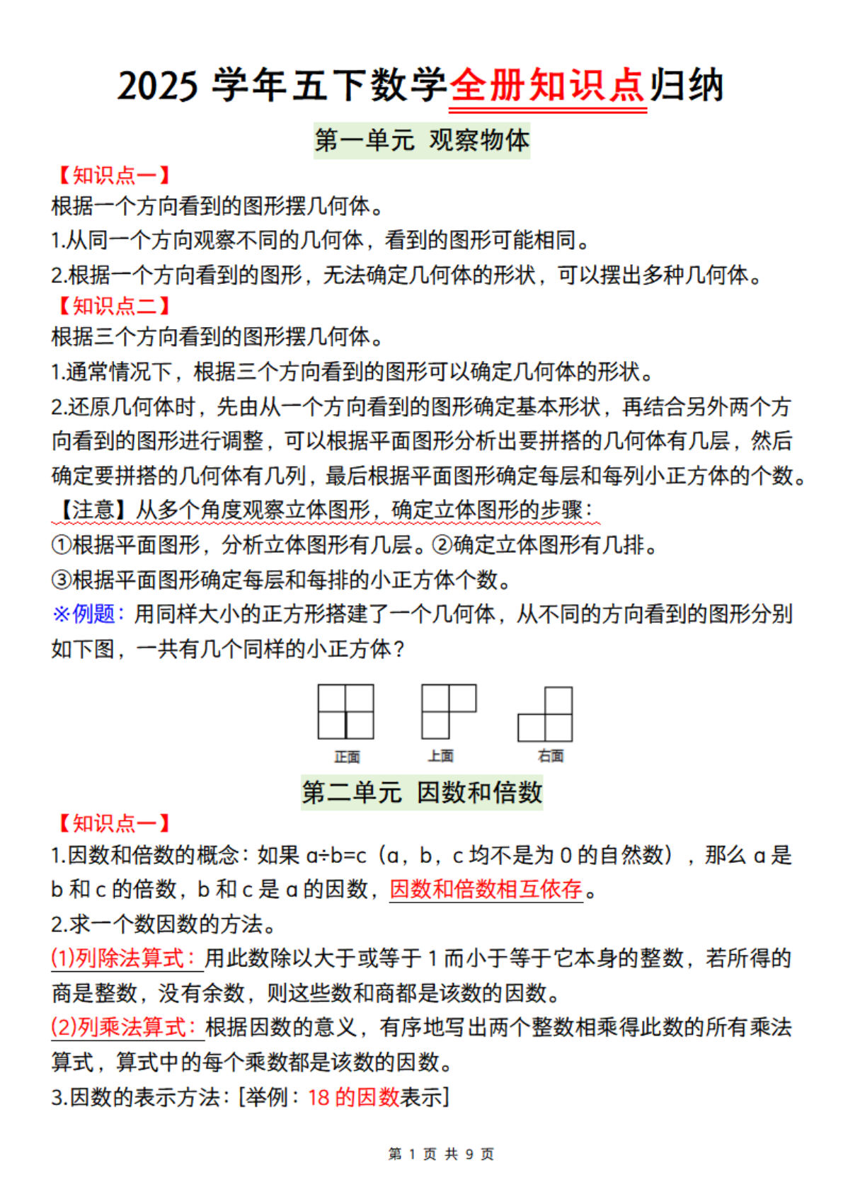 五年级下册人教版数学【2025学年-全册知识点归纳】