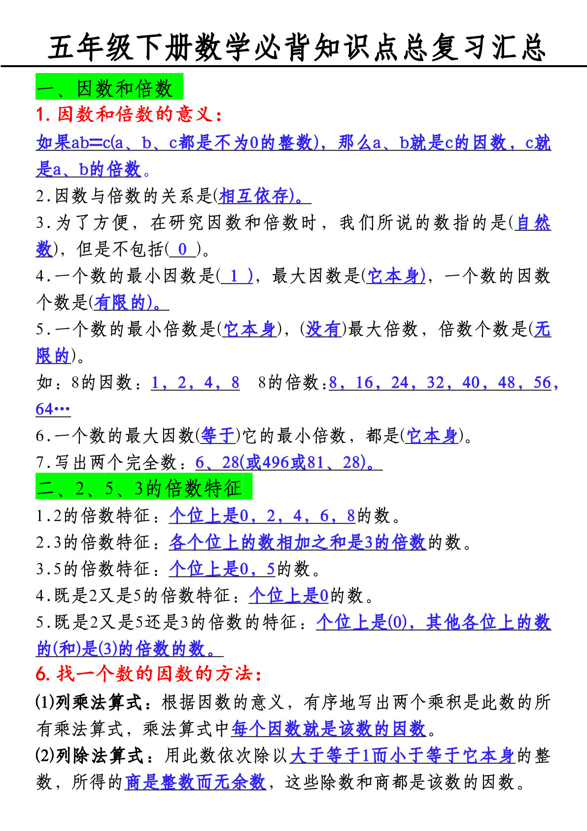 五年级下册人教版数学【必背知识点总复习汇总】