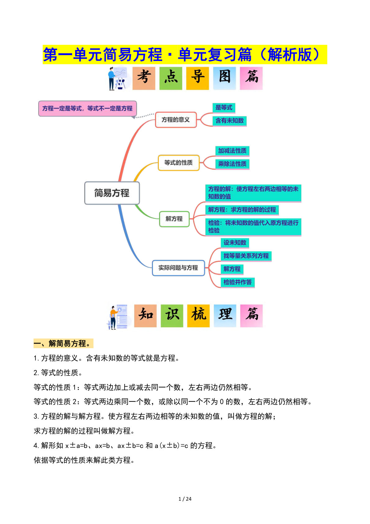 五年级下册苏教版数学【第一单元：简易方程·单元复习篇（解析版）】-鸡娃题库官网-永久免费分享小学教辅资源