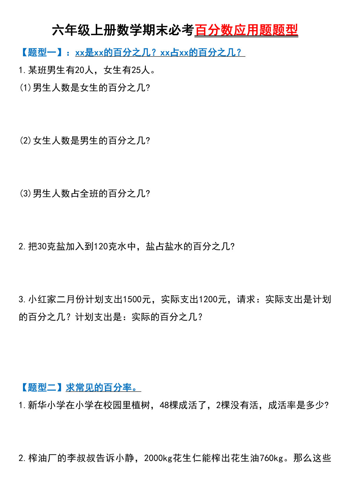 六年级上册数学【期末必考百分数应用题题型】