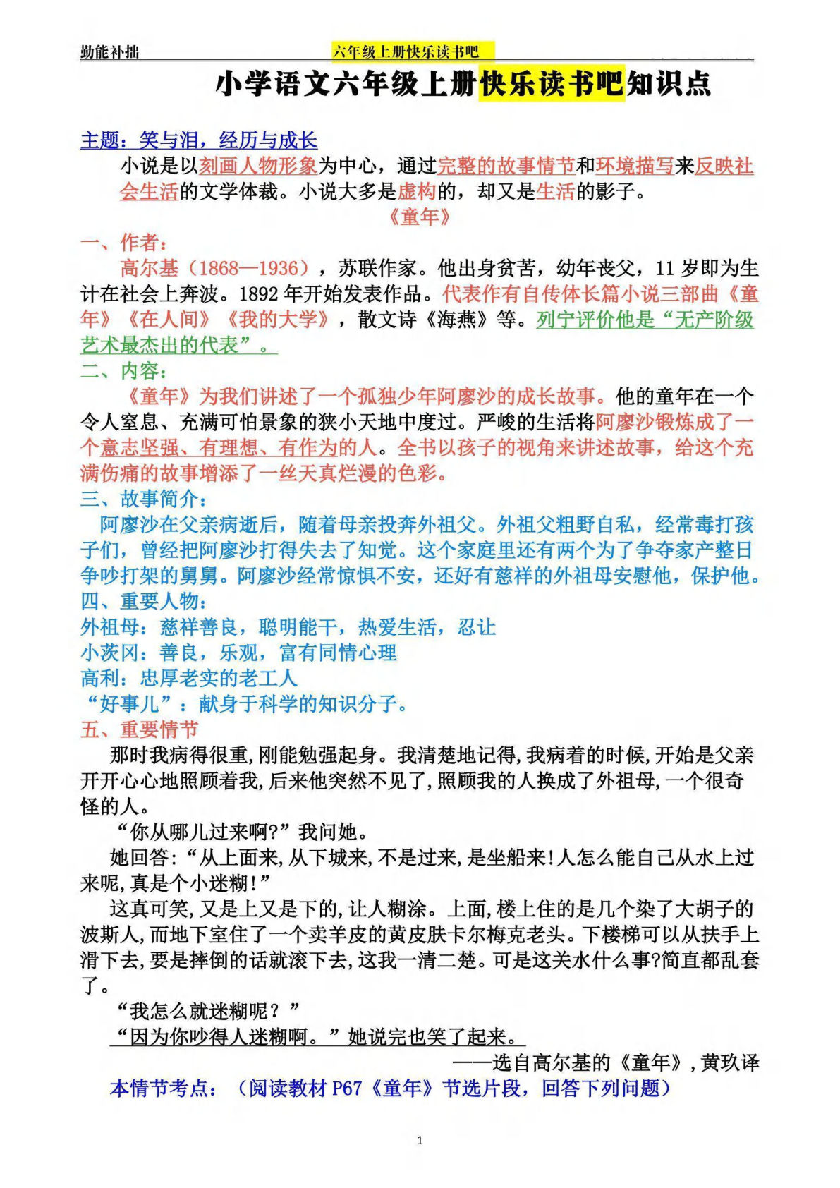 【快乐读书吧知识点】六年级上册语文
