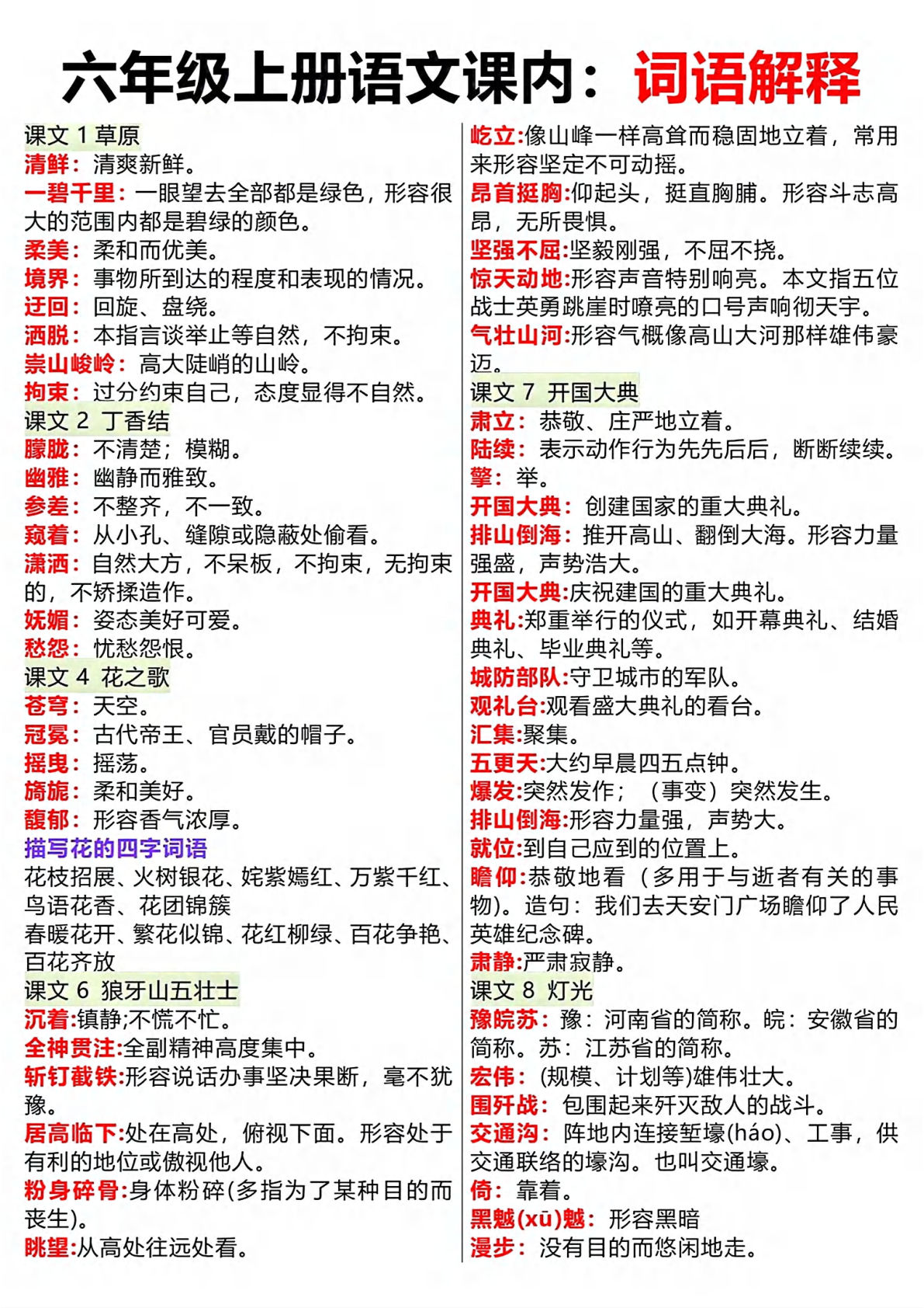 【课内词语解释】六年级上册语文