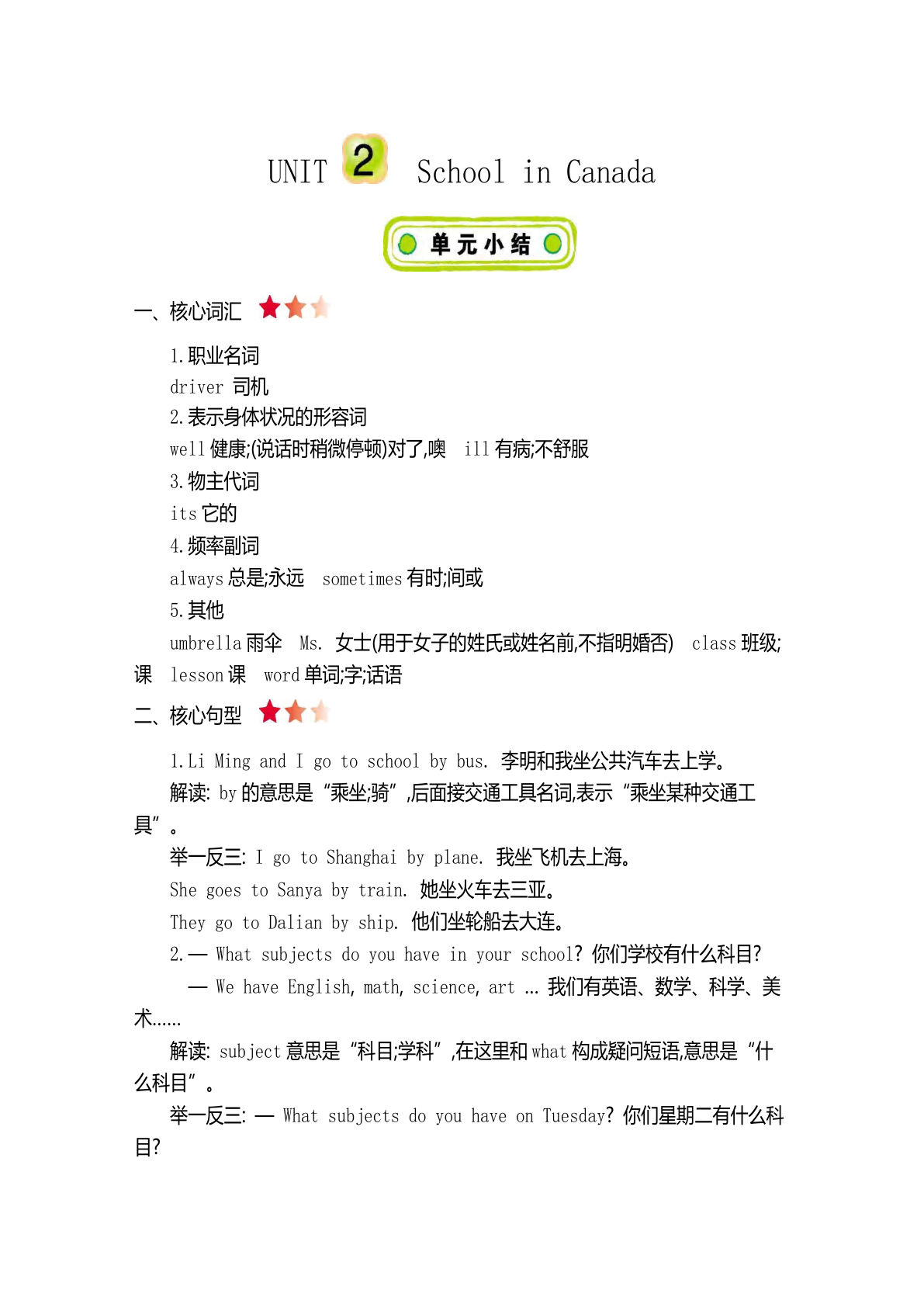 六年级上册冀教版英语【Unit 2 知识重点】