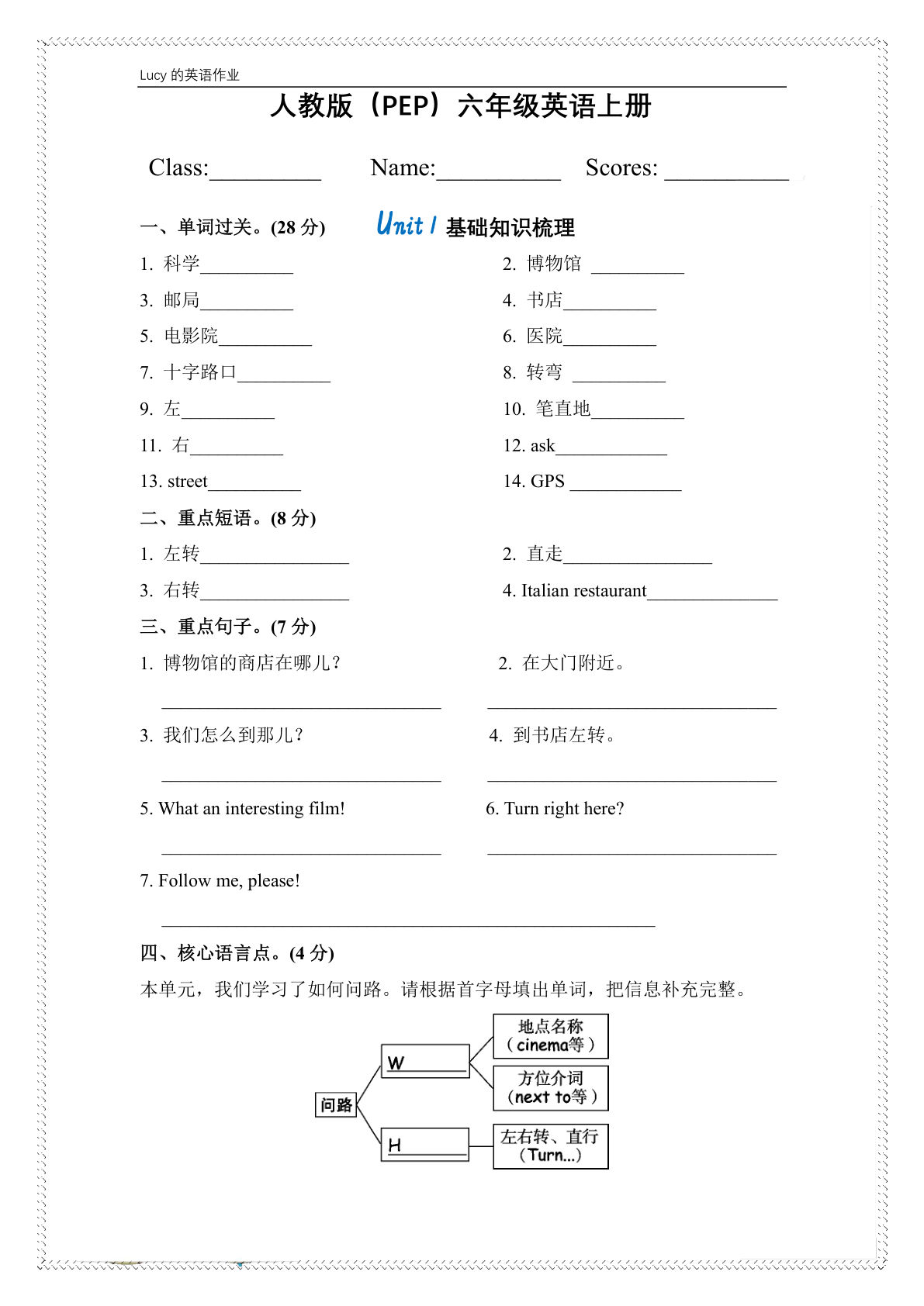 六年级上册人教PEP版英语【单词 短语句型默写专练】