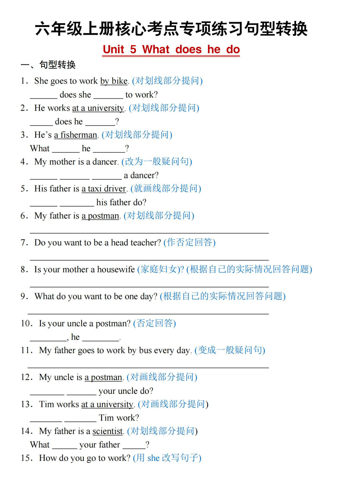 六年级上册人教PEP版英语【核心考点专项练习句型转换Unit 5 What does he do】