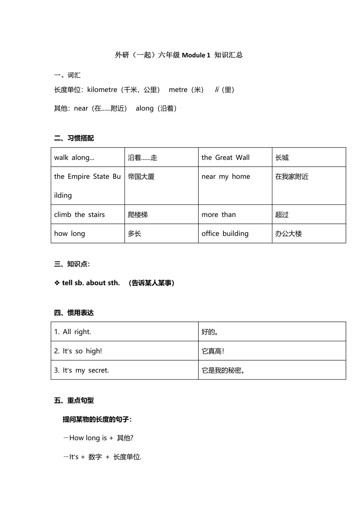 六年级上册外研版一起点英语【知识点汇总】